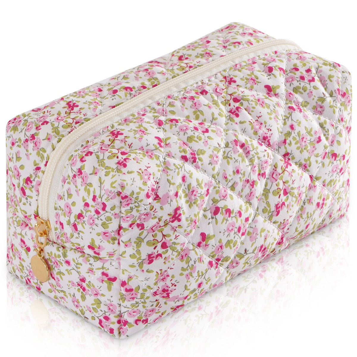 Makeup Bag Travel Toiletry Bag for Women, Small Cosmetic Bags Cute Quilted Cotton Makeup Pouch for Purse Emergency Bag Pencil Case Accessory Bag, Pastel Pink