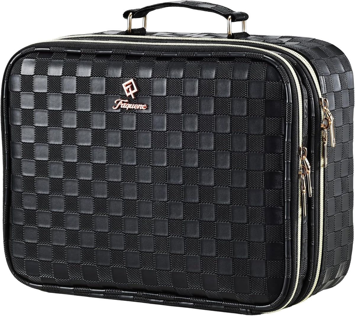 Makeup Bag with LED Lighted Mirror 12.2 IN Cosmetic Train Case Double Layer Makeup Case Adjustable Brightness in 3 Colors Cosmetic Organizer Artist Storage with Brush Holder Vanity Black Checkerboard