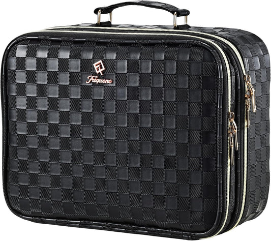 Makeup Bag with LED Lighted Mirror 12.2 IN Cosmetic Train Case Double Layer Makeup Case Adjustable Brightness in 3 Colors Cosmetic Organizer Artist Storage with Brush Holder Vanity Black Checkerboard