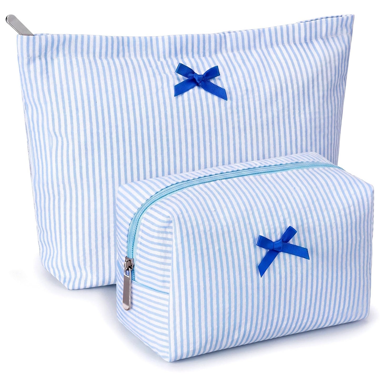 Huhumy 2 Pcs Makeup Bag Set for Women, Khaki, Thin Striped Seersucker