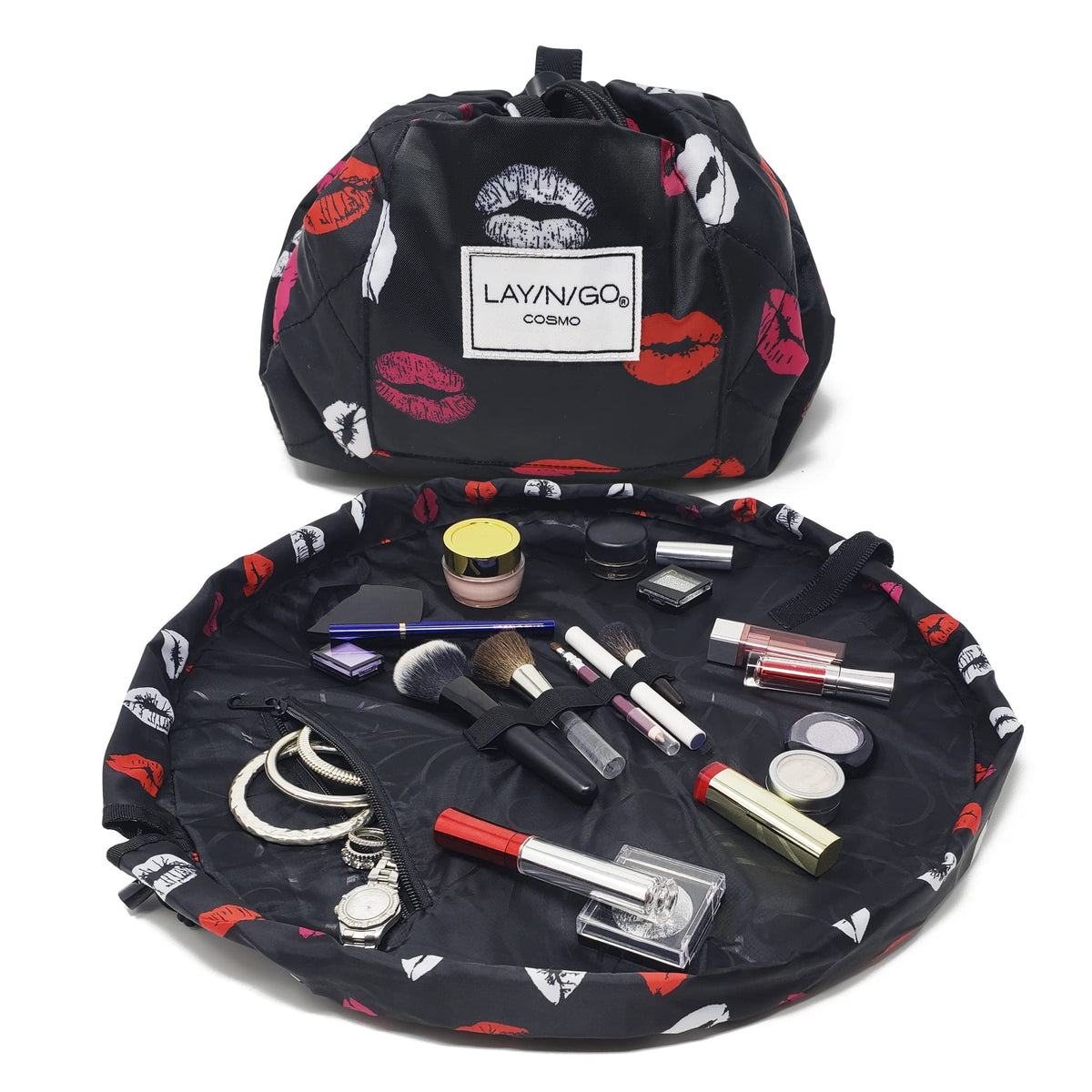 Lay-n-Go Cosmo Layflat Drawstring Cosmetic & Makeup Bag Organizer w/Zipper Pocket, Brush Loops & More, Cinch to Close, Lay Flat to Use, Durable, Machine Wash, Travel Toiletry Bag (20", Dogs)