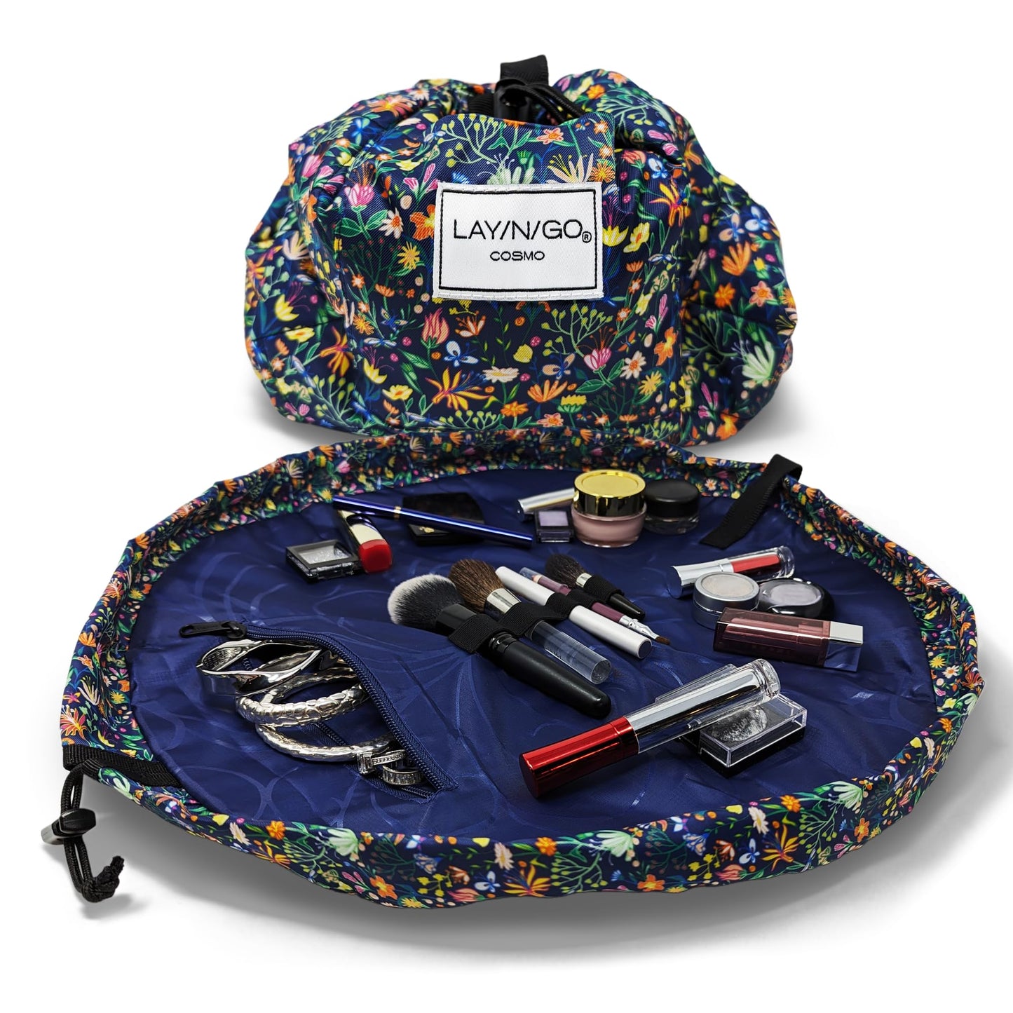 Lay-n-Go Cosmo Layflat Drawstring Cosmetic & Makeup Bag Organizer w/Zipper Pocket, Brush Loops & More, Cinch to Close, Lay Flat to Use, Durable, Machine Wash, Travel Toiletry Bag (20", Dogs)