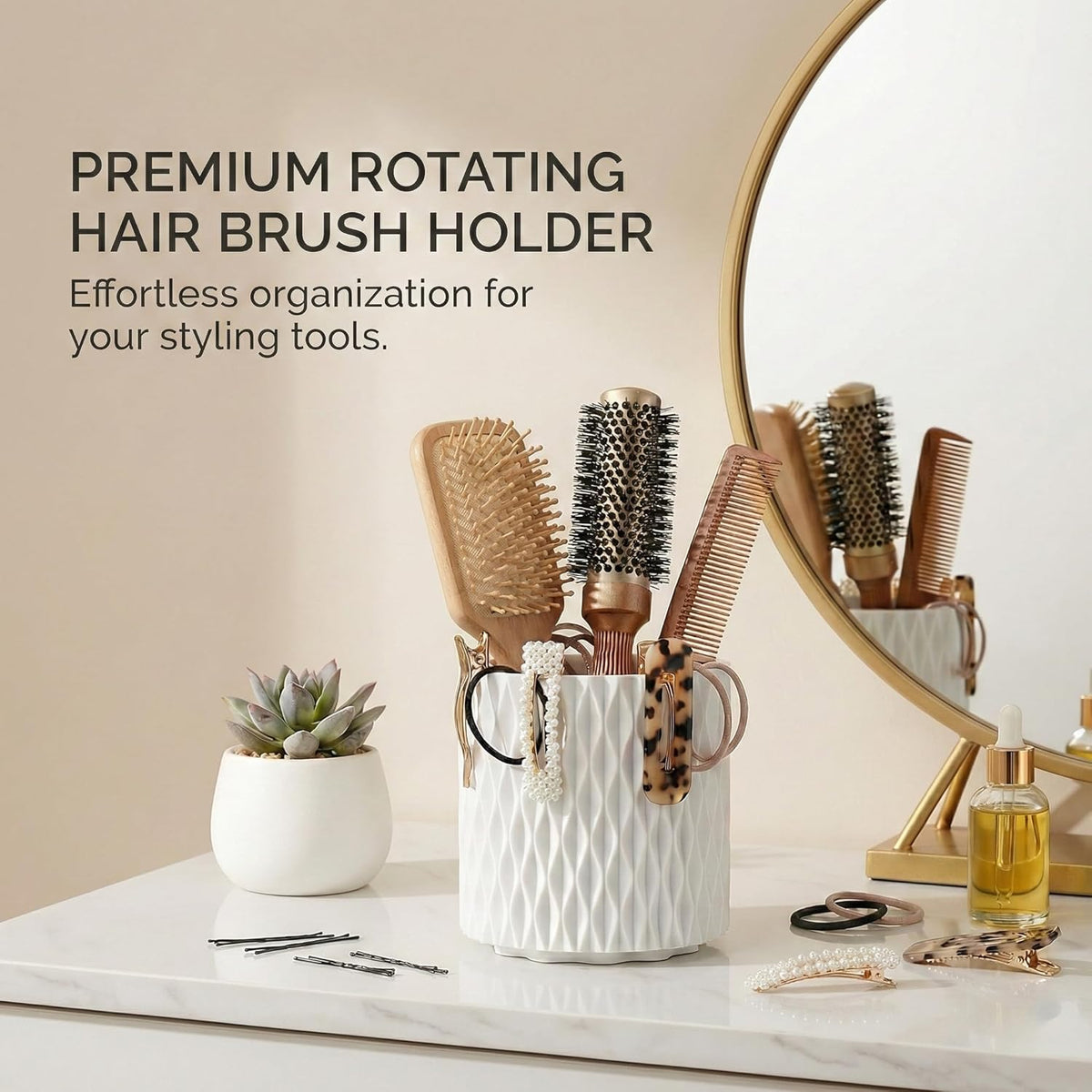 White Makeup Brush Holder, 360° Rotating Makeup Organizer
