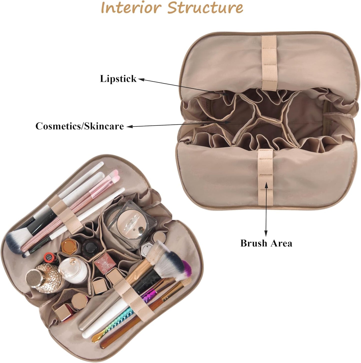 Travel Makeup Bag for Women, Waterproof Stand Up Cosmetic Bag with Brush Holders, Organizer Bag with Compartments, Fold-Down Design for Skincare, Toiletries & Essentials (Camel, Medium)