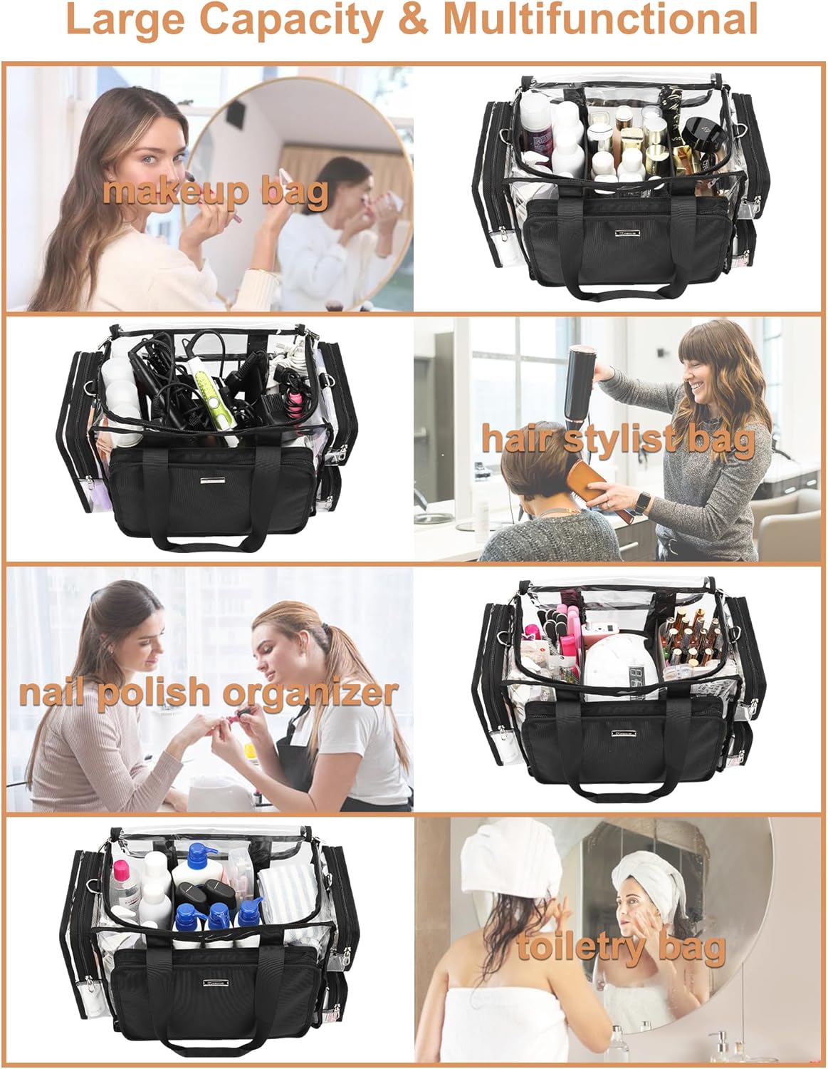 Relavel Clear Makeup Bag Extra Large Makeup Artist Kit Set, Cosmetic Storage Organizer Hair Stylist Traveling Bag, Transparent Tote Duffle Beach Toiletry Bag with Adjustable Dividers & Shoulder Strap