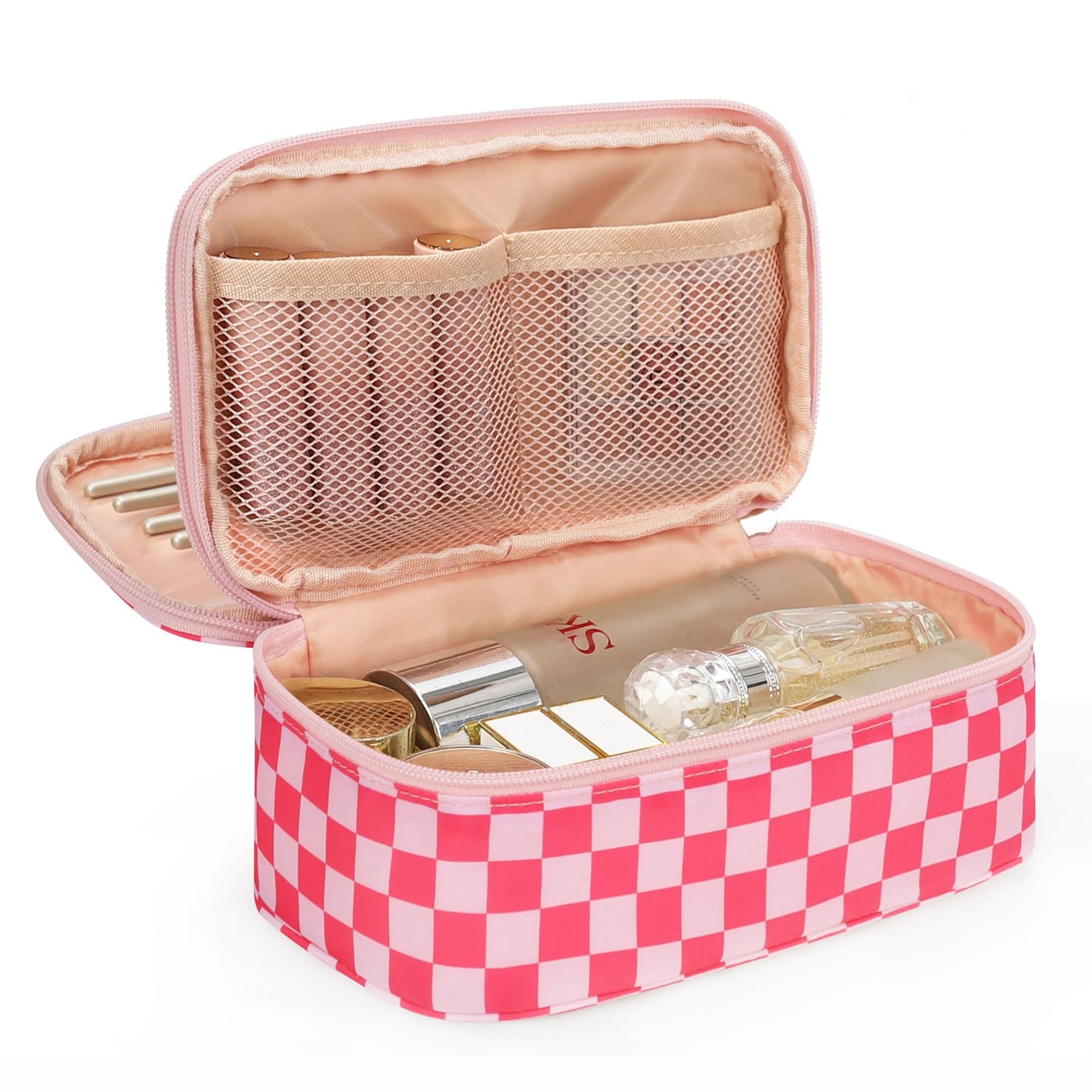 Relavel Travel Makeup Bag, Small Floral Cosmetic Bag with Makeup Brush Compartment, Portable Makeup Pouch for Women, Double Layer Makeup Organizer Bag Cute Toiletry Bag