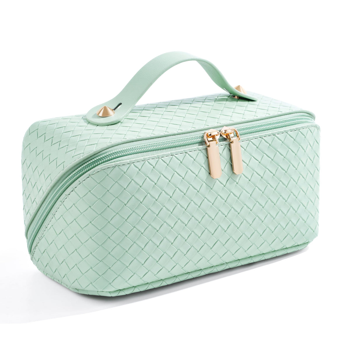 ALEXTINA Travel Makeup Bag, Large Capacity Cosmetic Bag for Women, Open Flat Make up Bag, Waterproof PU Leather Checkered Makeup Organizer Bag with Collapsible Handle,Toiletry Bag for Cosmetics, White