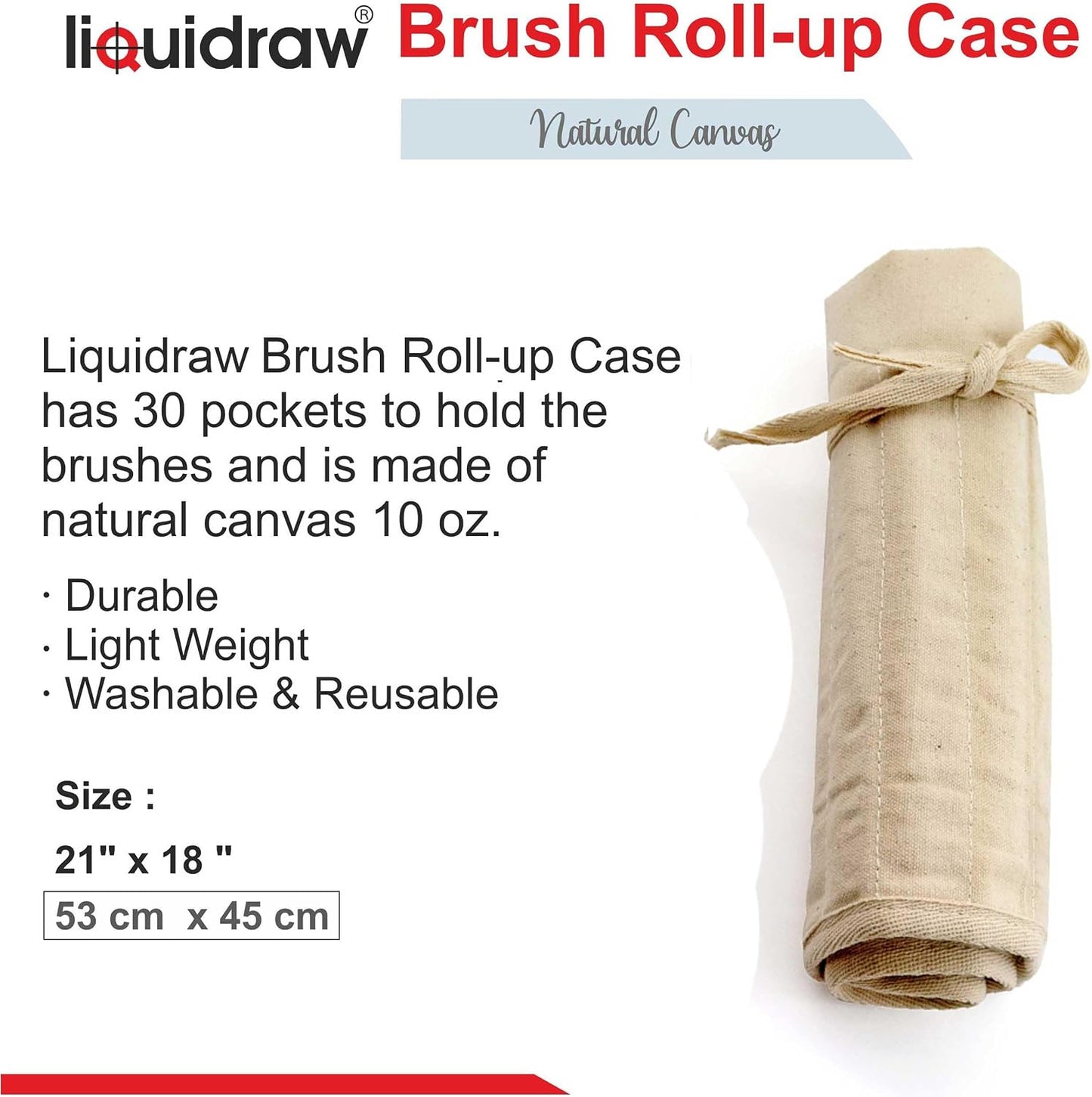 Liquidraw 30 Pocket Canvas Paint Brush Holder - Natural | 21" x 18" | Roll Up Brush Storage Pouch | Ideal Case for Paintbrush & Art Tool Storage | Easy to Carry | Also Great for Makeup Brushes