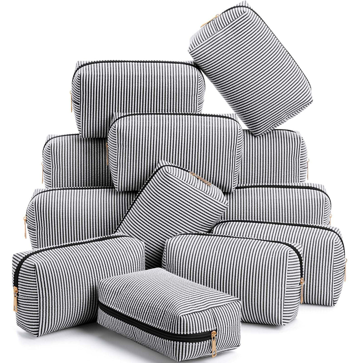 Sanwuta 6 Pcs Seersucker Cosmetic Bags Bulk, Striped Zippered,Khaki