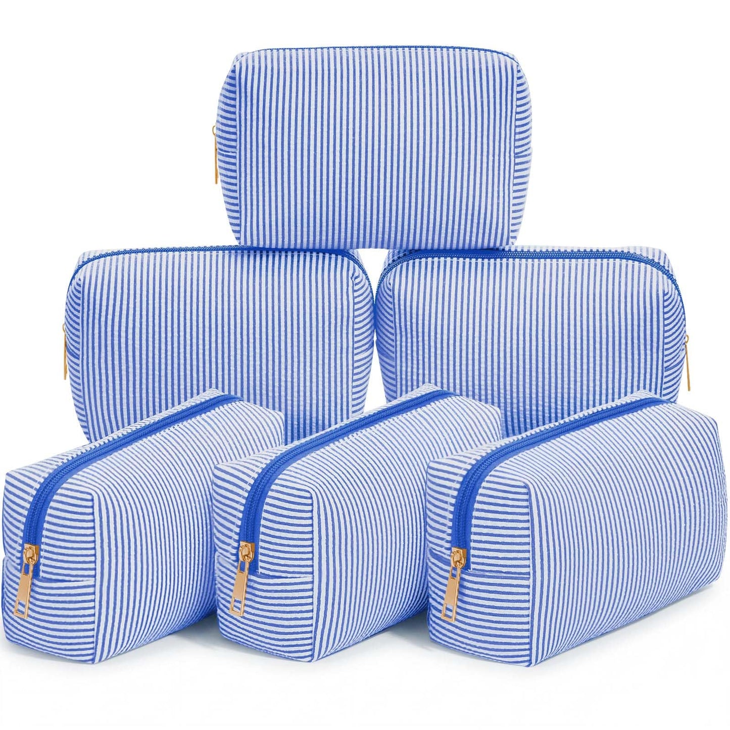 Sanwuta 6 Pcs Seersucker Cosmetic Bags Bulk, Striped Zippered,Khaki