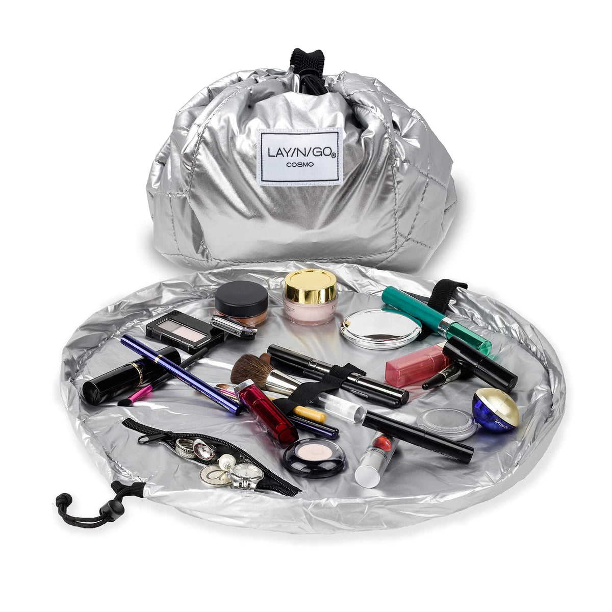 Lay-n-Go Cosmo Layflat Drawstring Cosmetic & Makeup Bag Organizer w/Zipper Pocket, Brush Loops & More, Cinch to Close, Lay Flat to Use, Durable, Machine Wash, Travel Toiletry Bag (20", Dogs)