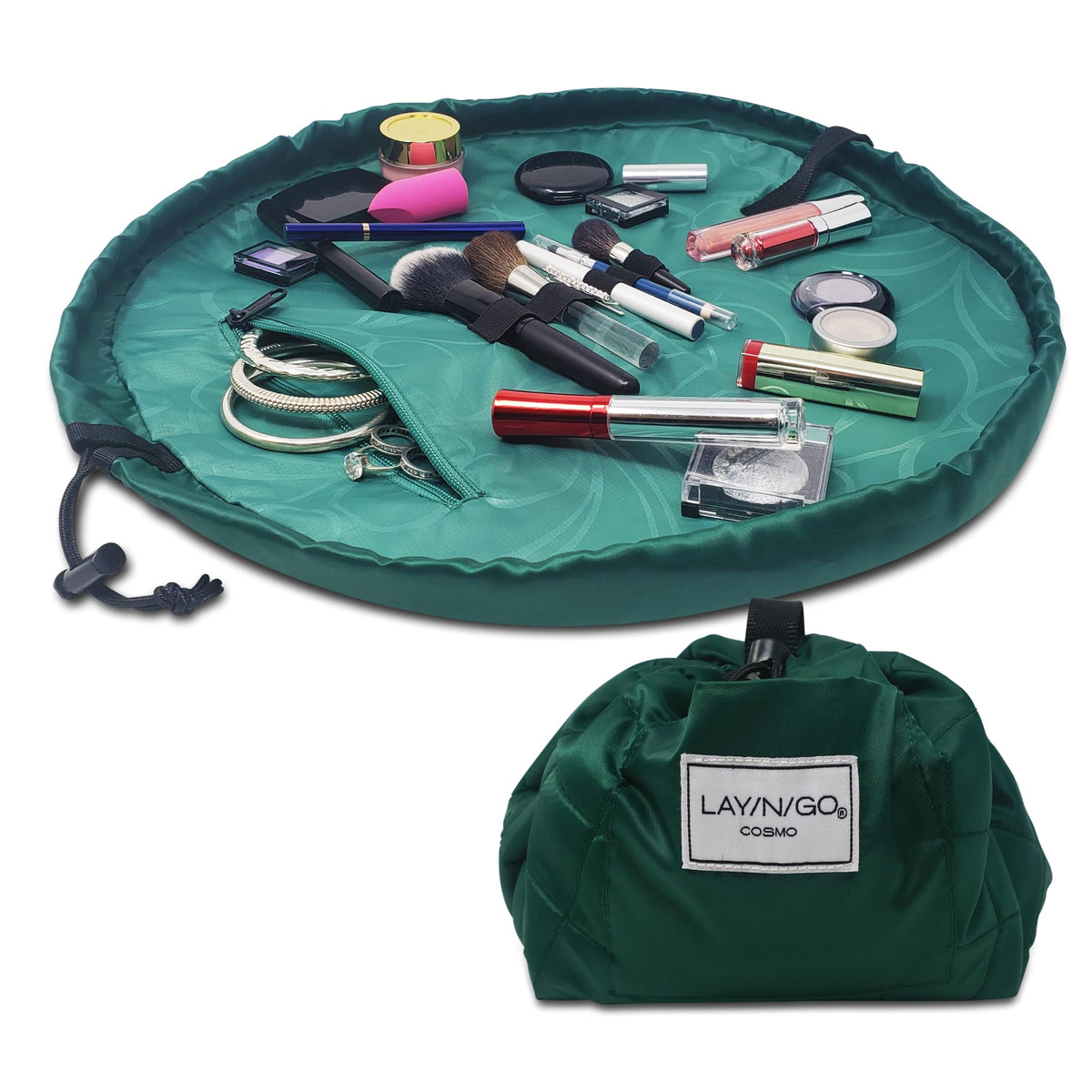 Lay-n-Go Cosmo Layflat Drawstring Cosmetic & Makeup Bag Organizer w/Zipper Pocket, Brush Loops & More, Cinch to Close, Lay Flat to Use, Durable, Machine Wash, Travel Toiletry Bag (20", Dogs)