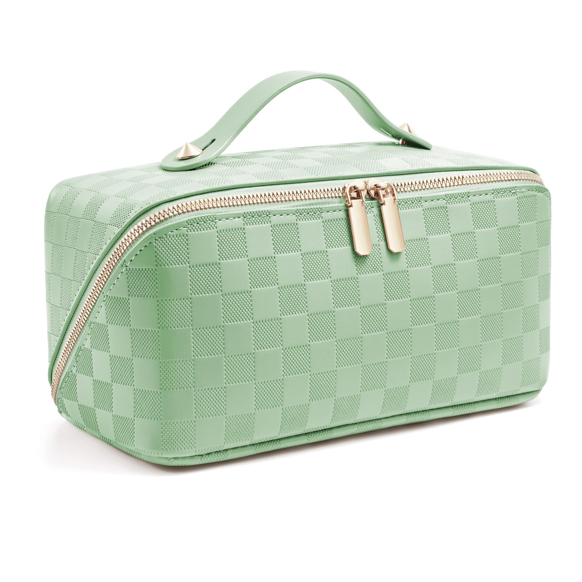 ALEXTINA Travel Makeup Bag, Large Capacity Cosmetic Bag for Women, Open Flat Make up Bag, Waterproof PU Leather Checkered Makeup Organizer Bag with Collapsible Handle,Toiletry Bag for Cosmetics, White