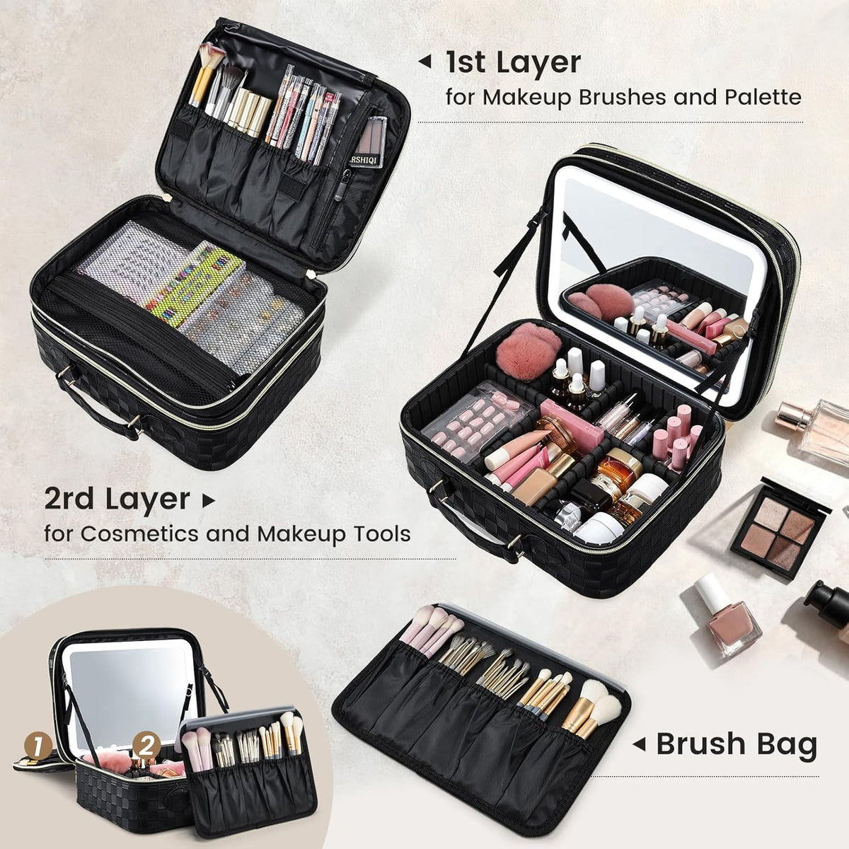 Makeup Bag with LED Lighted Mirror 12.2 IN Cosmetic Train Case Double Layer Makeup Case Adjustable Brightness in 3 Colors Cosmetic Organizer Artist Storage with Brush Holder Vanity Black Checkerboard