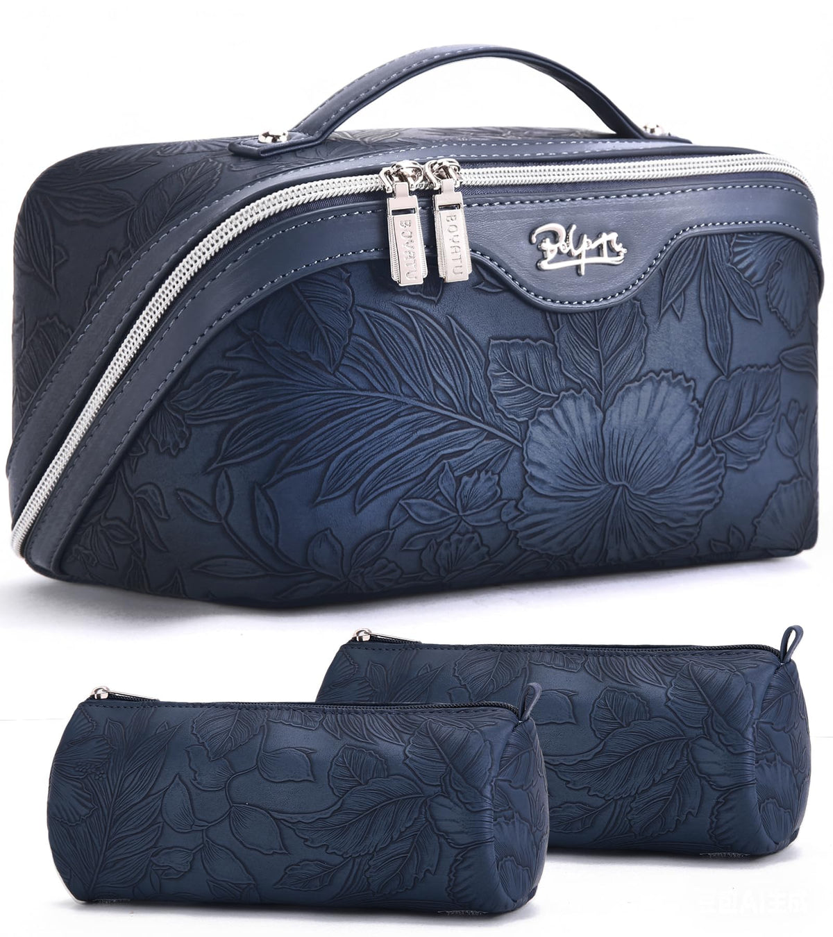 BOYATU Travel Makeup Bags Cosmetic Organizer Bag: Floral Make up Bag | 3 Pcs Set Large Capacity Makeup Bag with Compartments - Waterproof Leather Toiletry Bags with Handle for Women (Blue)