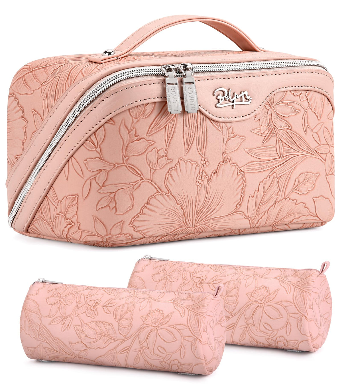 BOYATU Travel Makeup Bags Cosmetic Organizer Bag: Floral Make up Bag | 3 Pcs Set Large Capacity Makeup Bag with Compartments - Waterproof Leather Toiletry Bags with Handle for Women (Blue)
