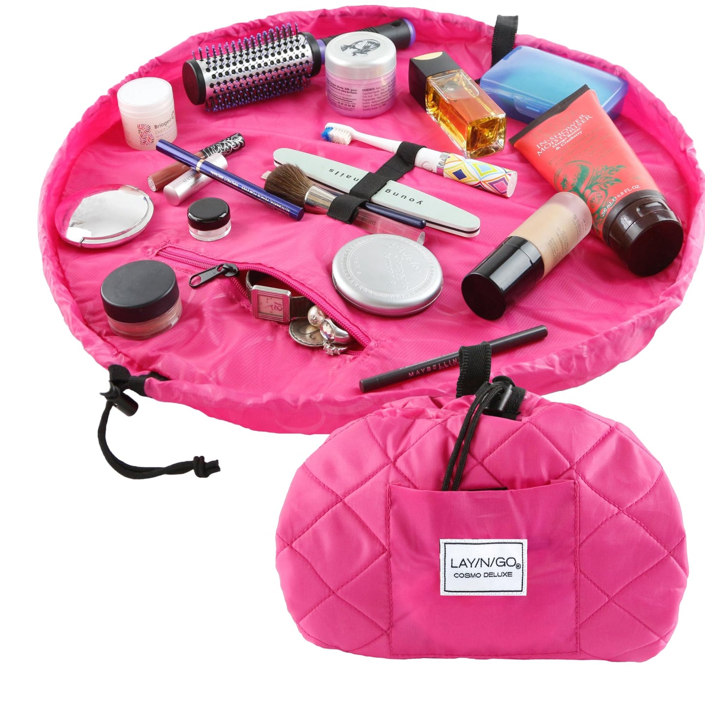 Lay-n-Go Cosmo Layflat Drawstring Cosmetic & Makeup Bag Organizer w/Zipper Pocket, Brush Loops & More, Cinch to Close, Lay Flat to Use, Durable, Machine Wash, Travel Toiletry Bag (20", Dogs)