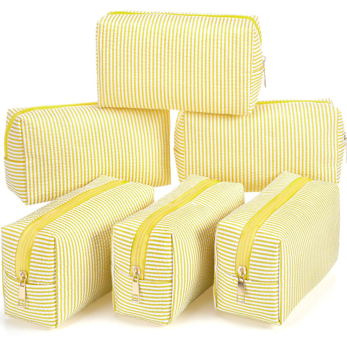 Sanwuta 6 Pcs Seersucker Cosmetic Bags Bulk, Striped Zippered,Khaki