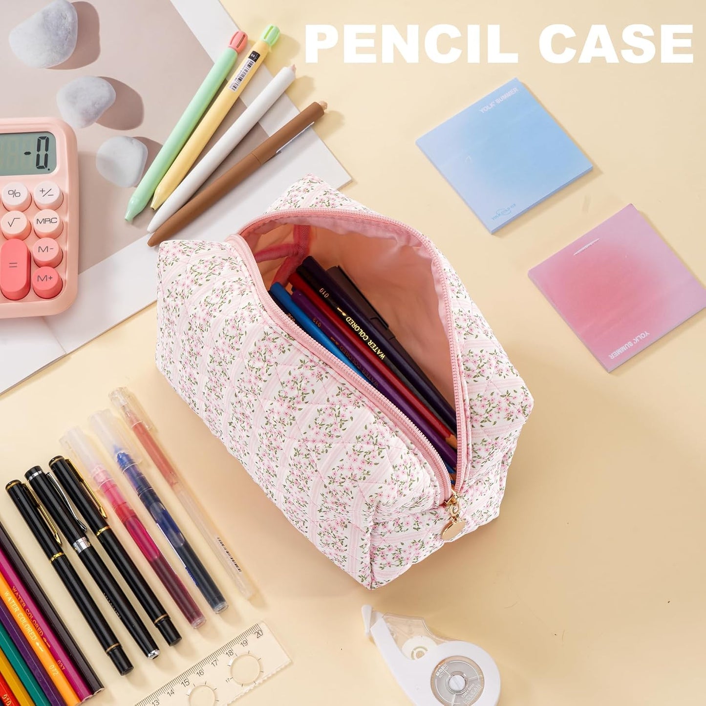 Makeup Bag Travel Toiletry Bag for Women, Small Cosmetic Bags Cute Quilted Cotton Makeup Pouch for Purse Emergency Bag Pencil Case Accessory Bag, Pastel Pink