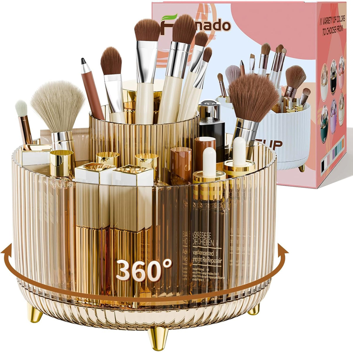 fanado 360° Rotate Makeup Brush Holder Organizer, Makeup Organizers Countertop, Makeup organization and Skincare Storage for Vanity, Desktop, Bathroom (Clear Amber)