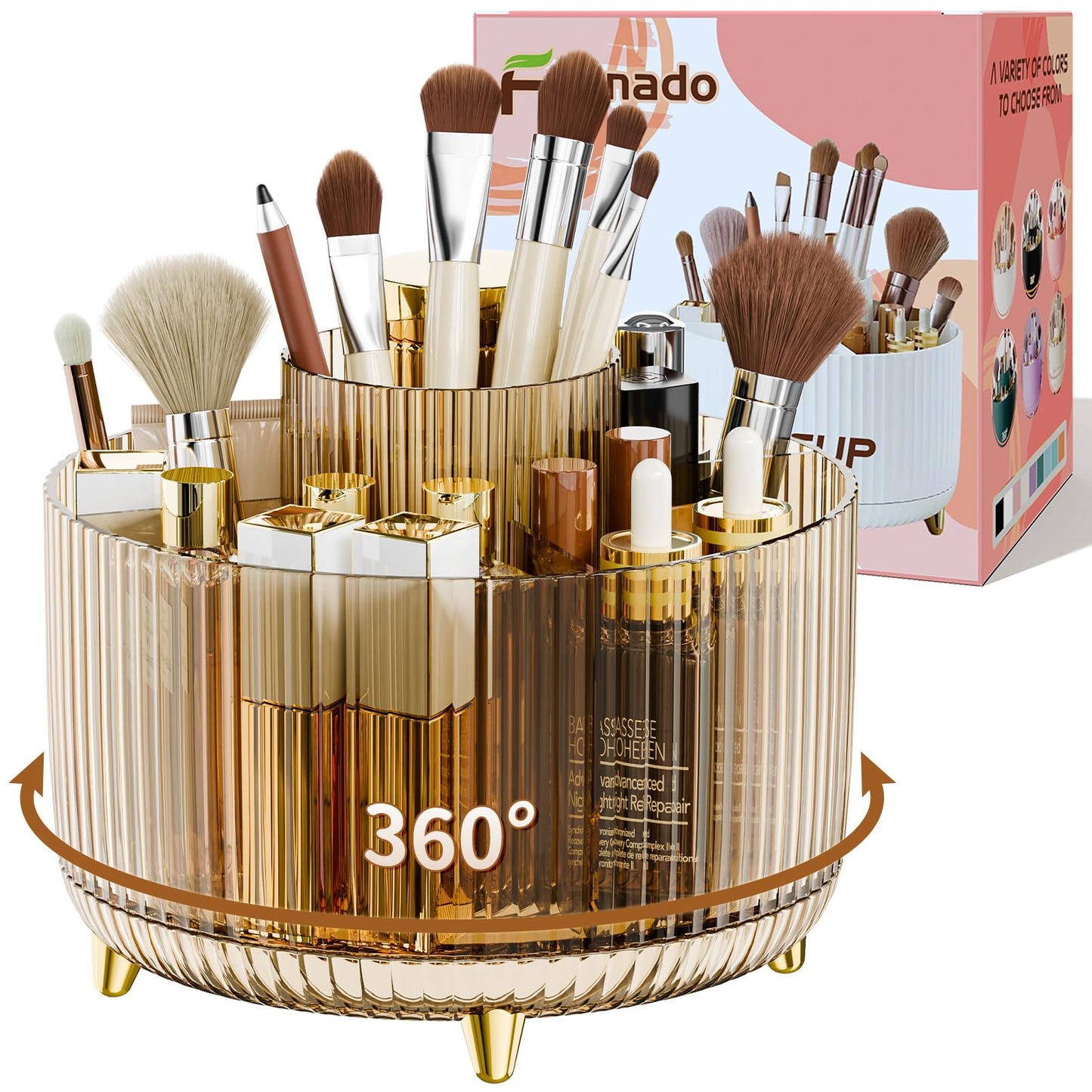 Clear Rotating Makeup Organizer Countertop for Vanity, 360° Makeup Brush Holder Organizer with 5 Compartments, Transparent Cosmetic Storage for Lipstick, Skincare, Bathroom Counter (Transparent Pink)