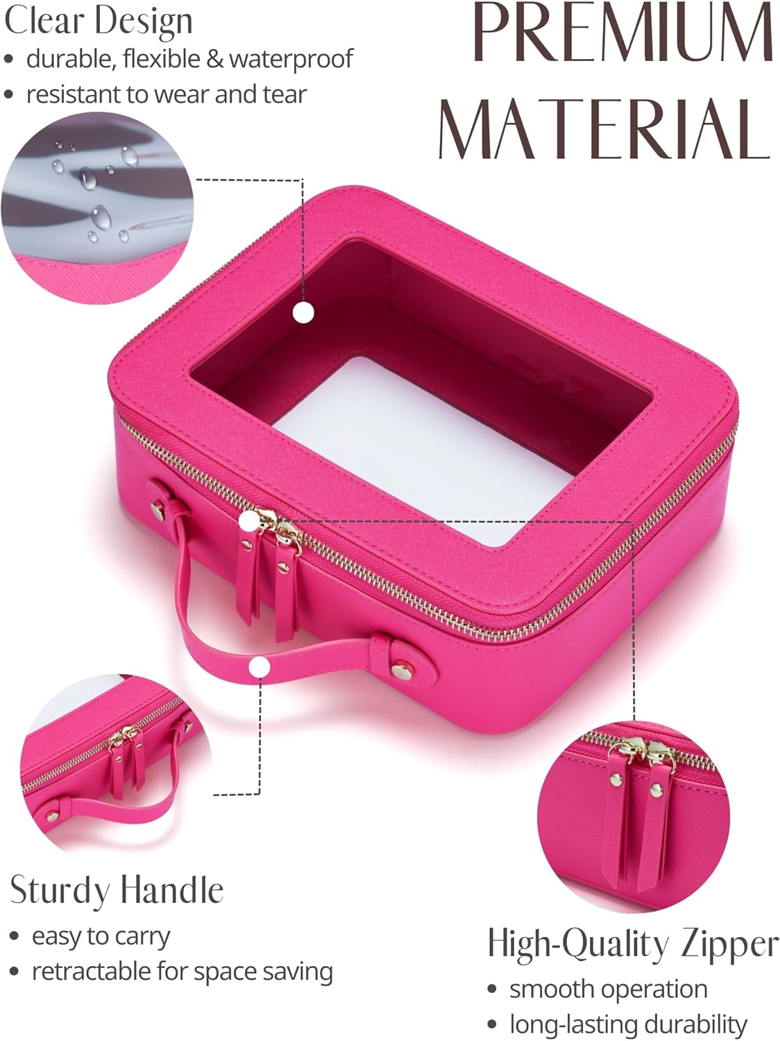 Popvibe Clear Makeup Bag Travel Cosmetic Case Transparent Toiletry Bag with Zipper, Portable Make Up Organizer Traveling Compact Car Bag for Essentials, Hotpink, Large