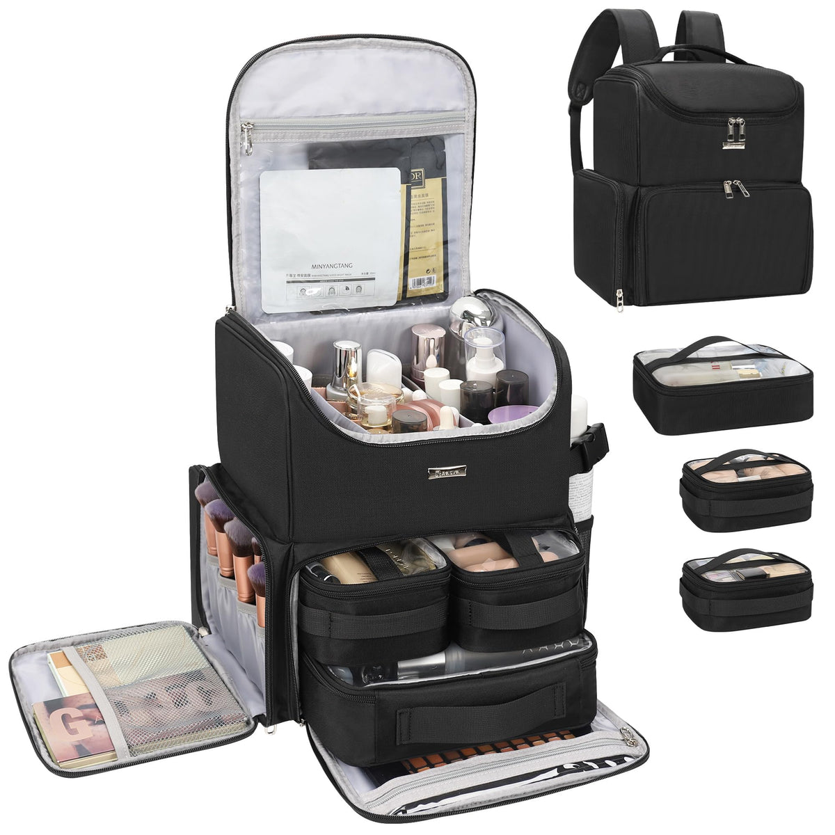 Relavel Makeup Backpack Large Makeup Bag with 3 Clear Set Bags, Dual Layer Professional Cosmetic Organizer Travel Train Case Makeup Artist Kit with Adjustable Dividers & Easy to Clean Lining, Black