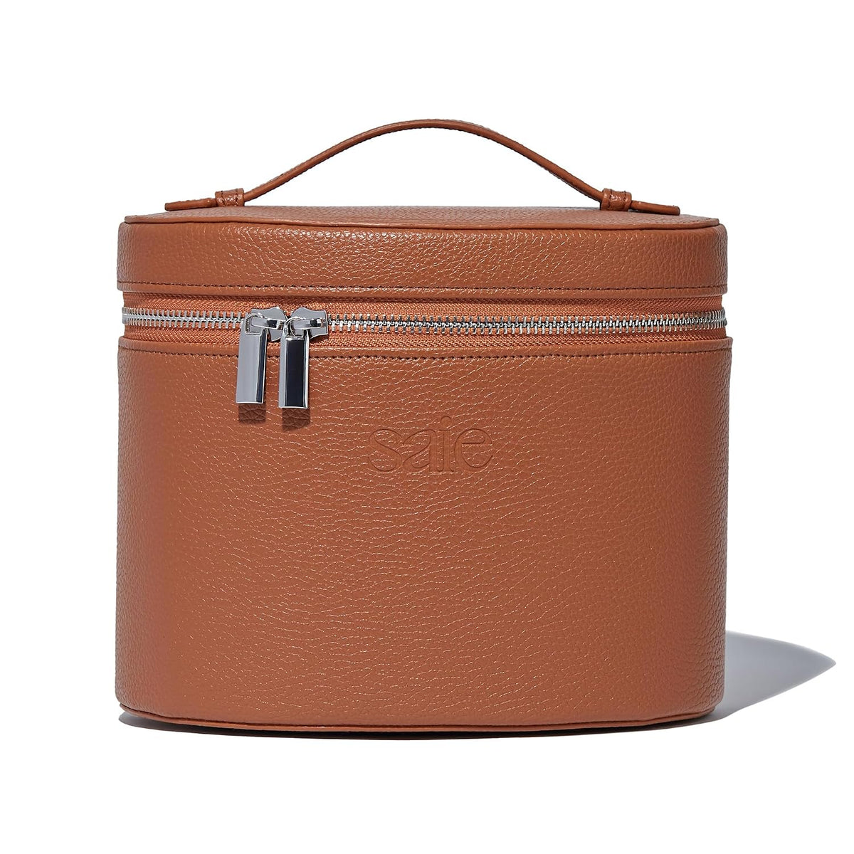 Saie Original Vanity Case - Vegan Leather Makeup Bag + Travel Toiletry Bag With Removable Interior Organizer - Durable + Portable Makeup Pouch with Carrying Handle + Zipper Closure - Caramel Brown