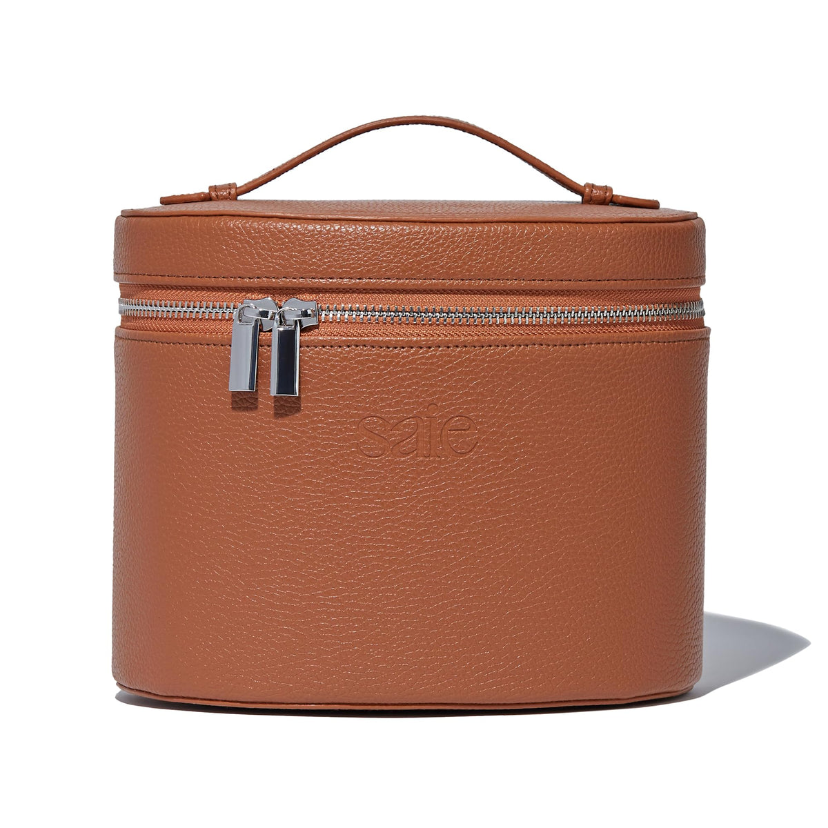 Saie Original Vanity Case - Vegan Leather Makeup Bag + Travel Toiletry Bag With Removable Interior Organizer - Durable + Portable Makeup Pouch with Carrying Handle + Zipper Closure - Caramel Brown