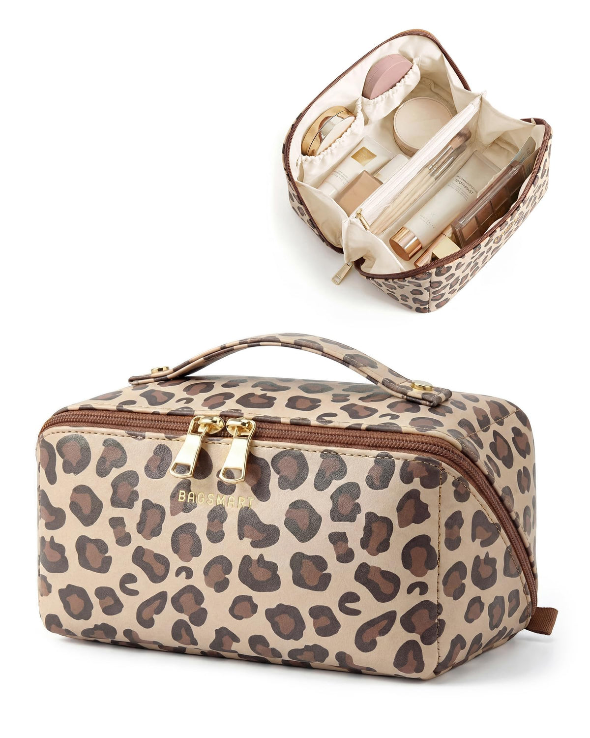 BAGSMART Makeup Bag Travel Cosmetic Bag,Women Toiletry Case, Classic Brown