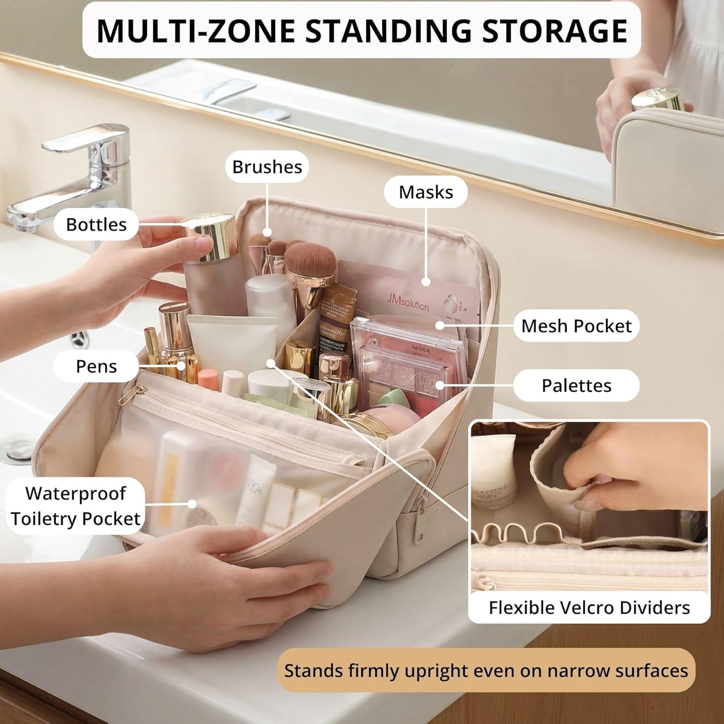 tianzong Travel Makeup Bag with Magnetic Fold-Down Flap, Waterproof Leather Cosmetic and Toiletry Organizer for Women, Multi-Zone Standing Storage, Dusty Rose, Large