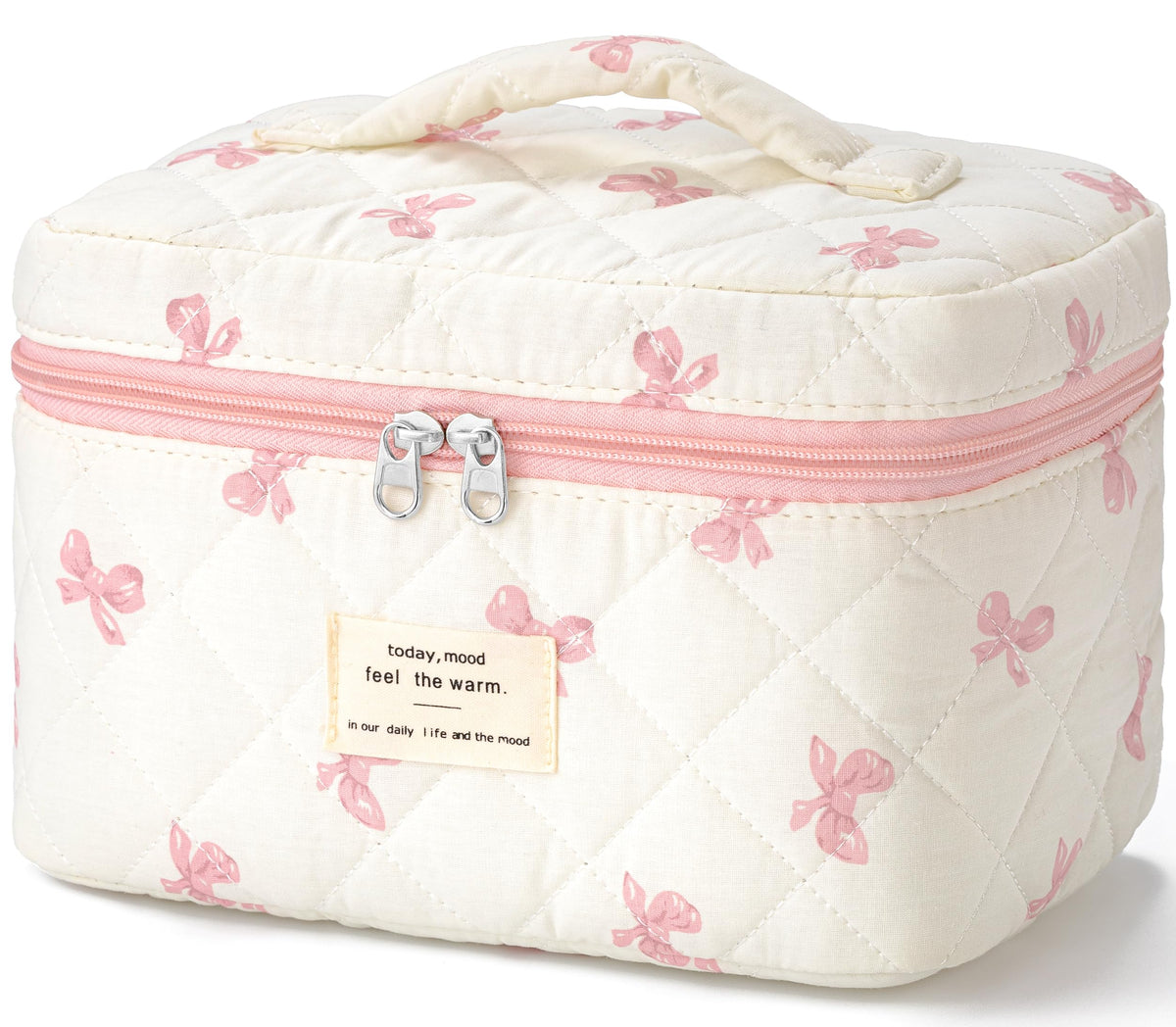 HBselect Large Quilted Makeup Bag for Women Cute Cotton Travel Cosmetic Bag | Floral Coquette Aesthetic Toiletry Organizer Bag with Handle, Portable Multifunctional Makeup Bag, Gifts for Bridesmaids