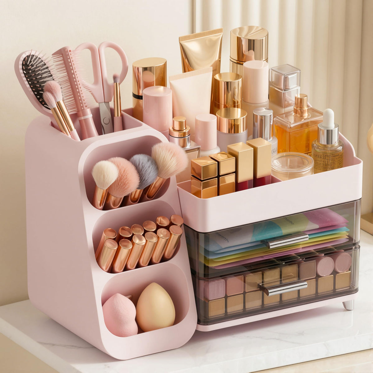 Large Capacity Makeup Organizer Countertop with Makeup Brush Holder for Vanity, Thickened Material, Bathroom Countertop Organizer Skin Care Perfumes Storage, Teen Girl Gifts for 12-23 Year（white）