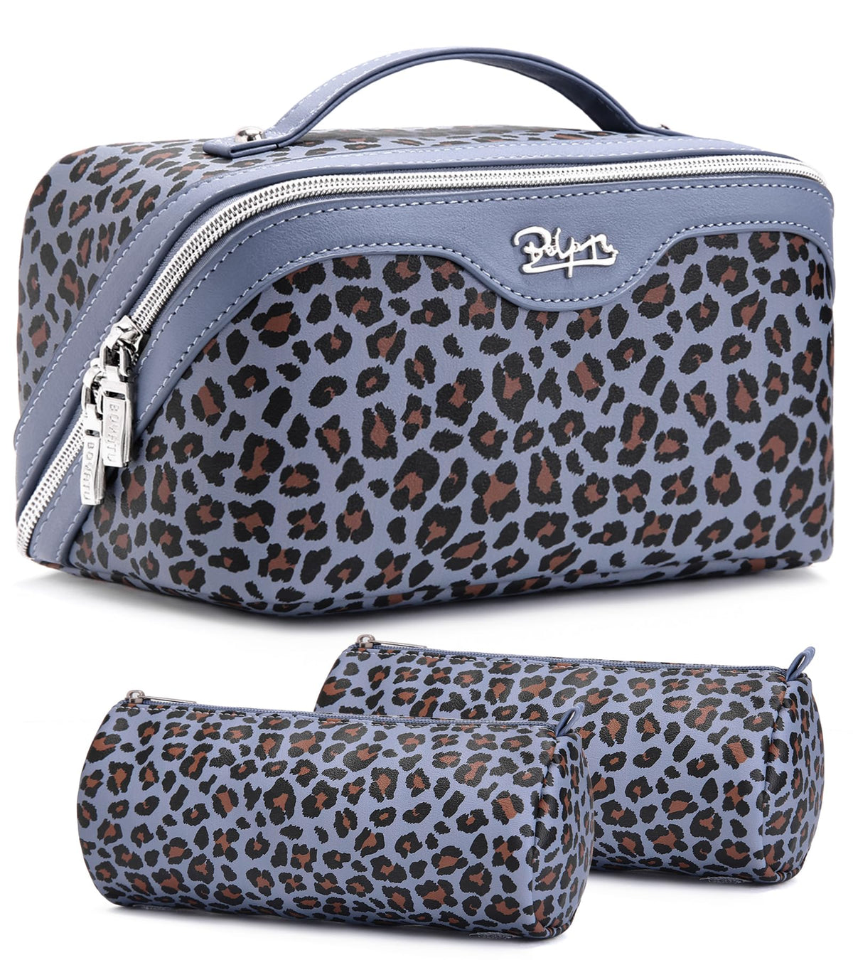 BOYATU Travel Makeup Bags Cosmetic Organizer Bag: Floral Make up Bag | 3 Pcs Set Large Capacity Makeup Bag with Compartments - Waterproof Leather Toiletry Bags with Handle for Women (Blue)