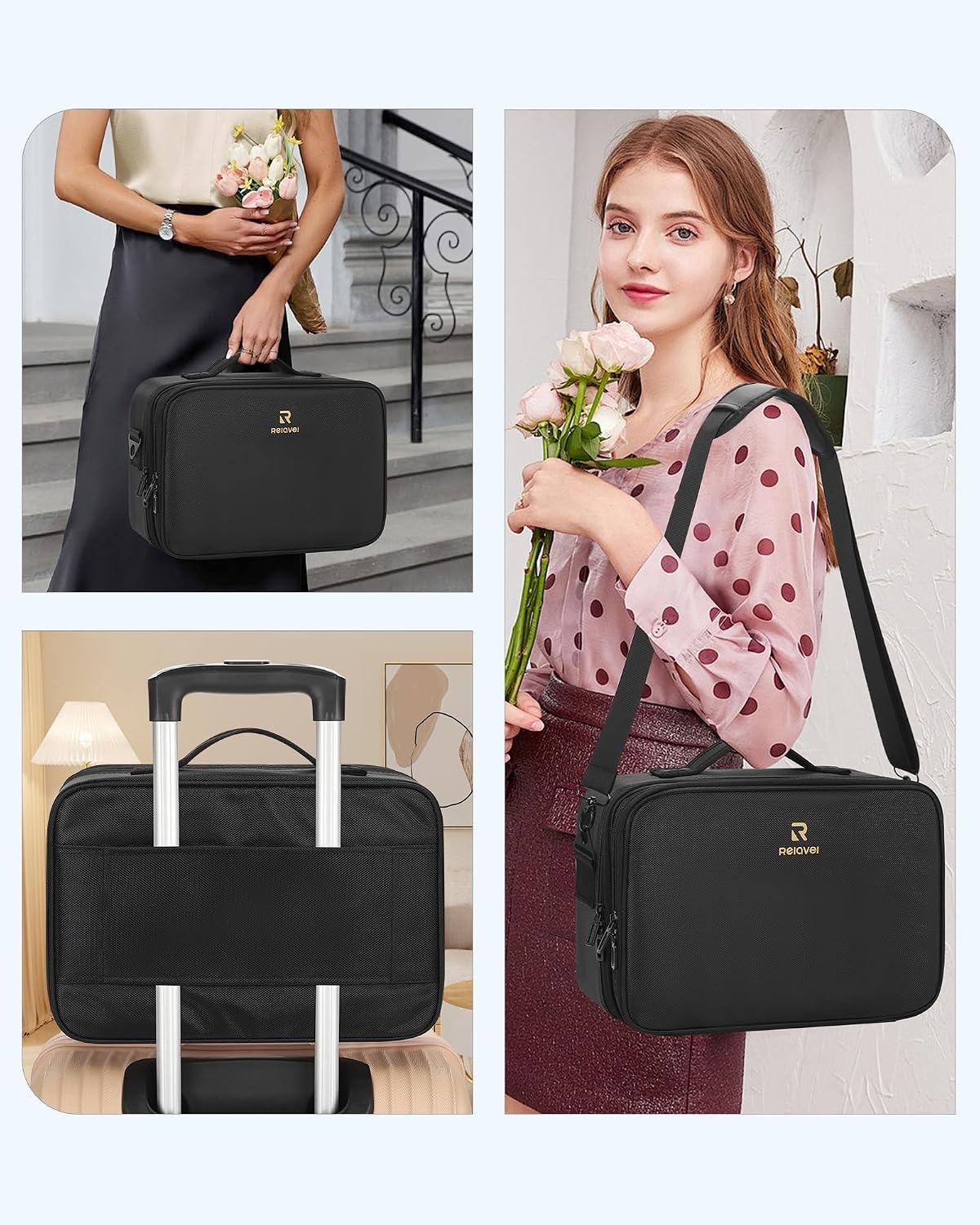 Relavel Makeup Bag Travel Train Case Cosmetic Organizer with Divider, Black