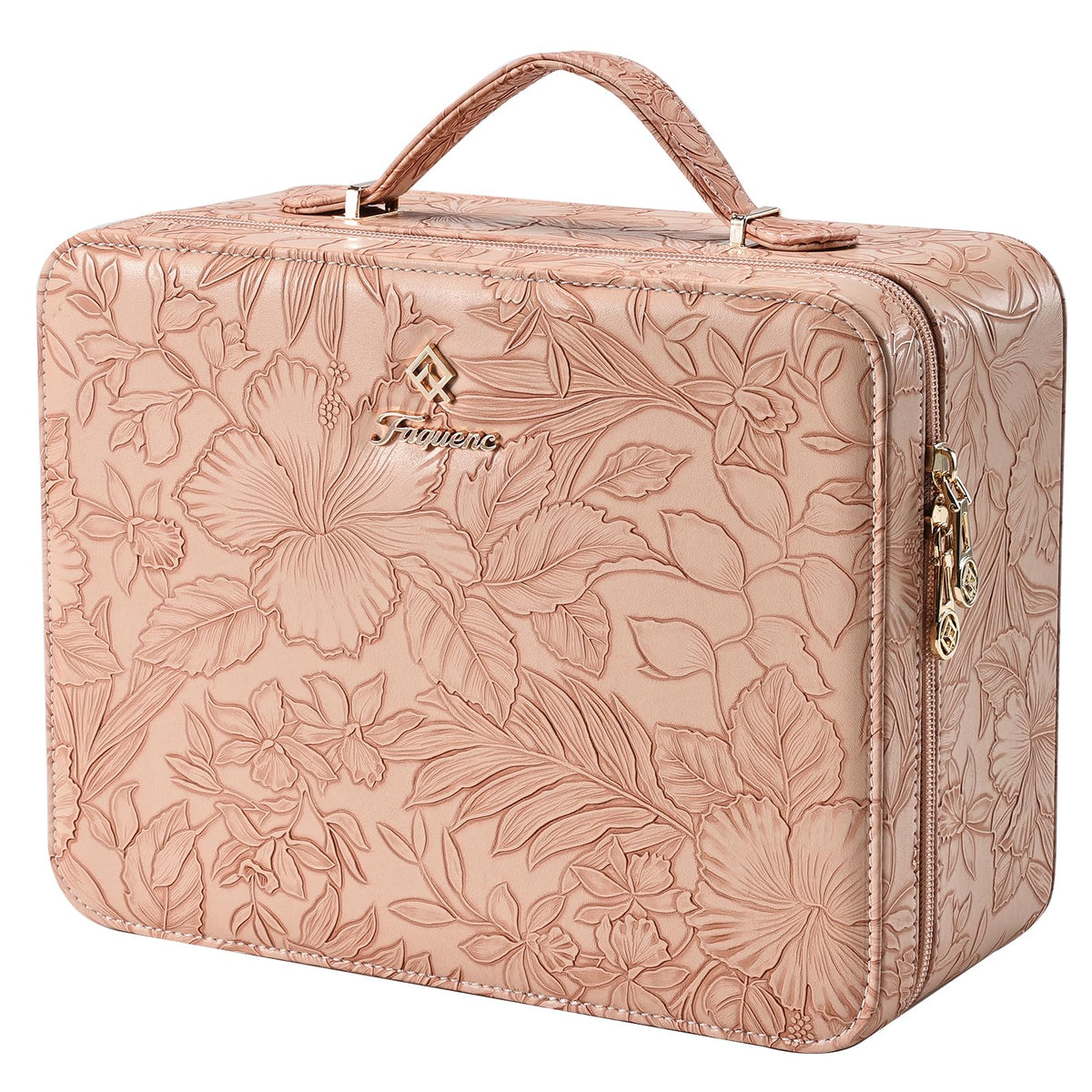 Faquenc Leather Makeup Case with LED Lighted Mirror 11.4 Inch Travel Makeup Bag Adjustable Brightness in 3 Colors Cosmetic Organizer Artist Storage Bag with Dividers Brush Holder Bag Vanity White