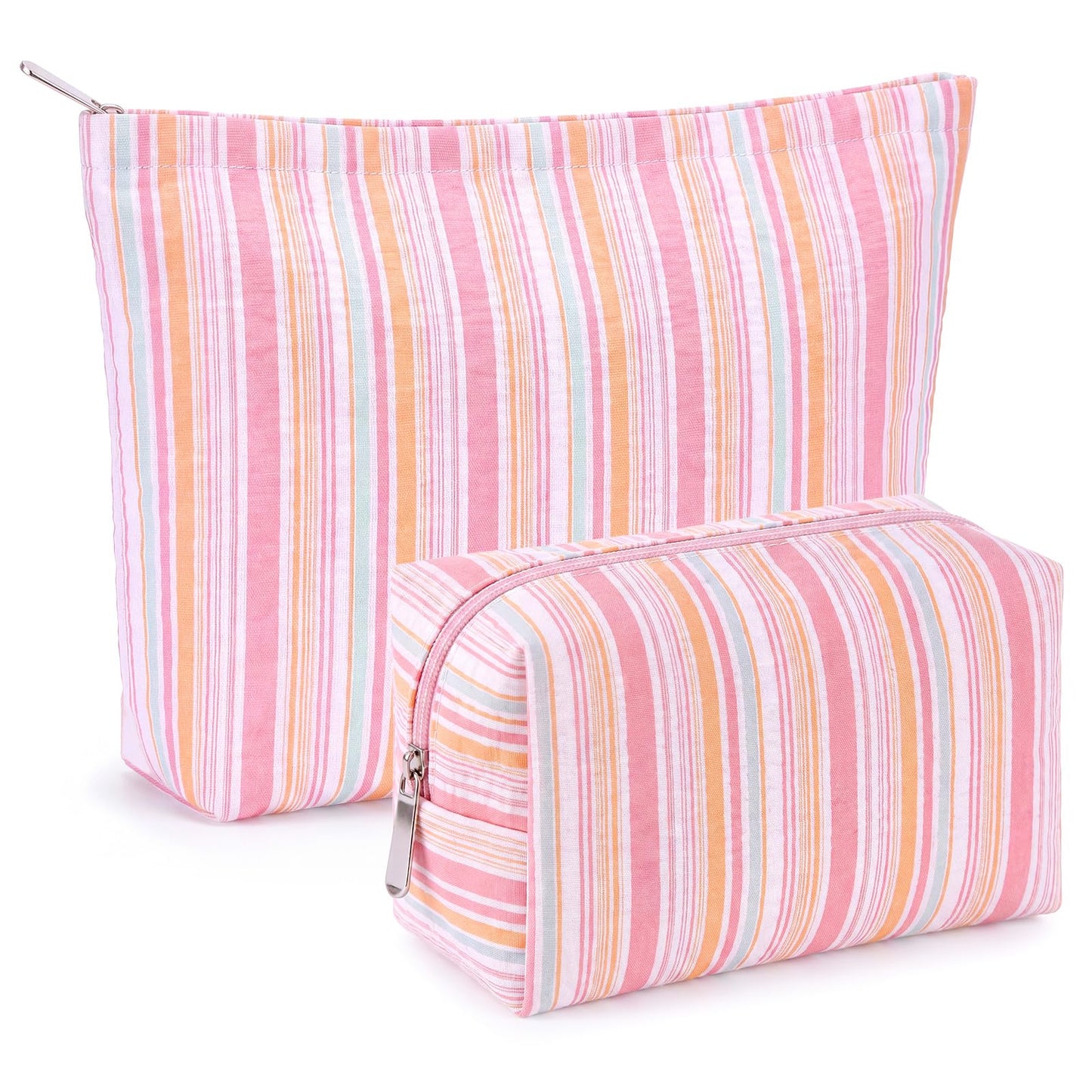 Huhumy 2 Pcs Makeup Bag Set for Women, Khaki, Thin Striped Seersucker