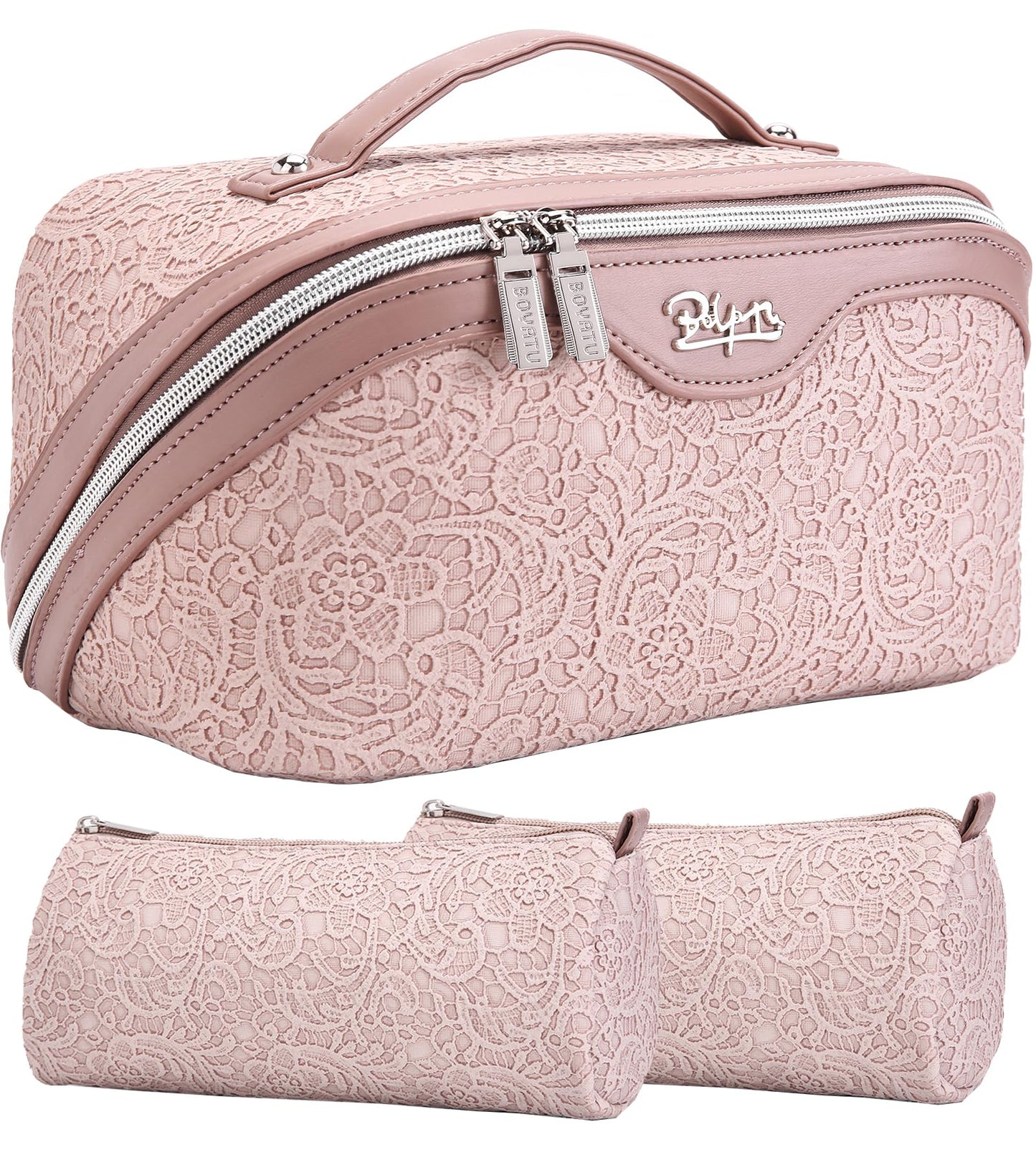 BOYATU Travel Makeup Bags Cosmetic Organizer Bag: Floral Make up Bag | 3 Pcs Set Large Capacity Makeup Bag with Compartments - Waterproof Leather Toiletry Bags with Handle for Women (Blue)