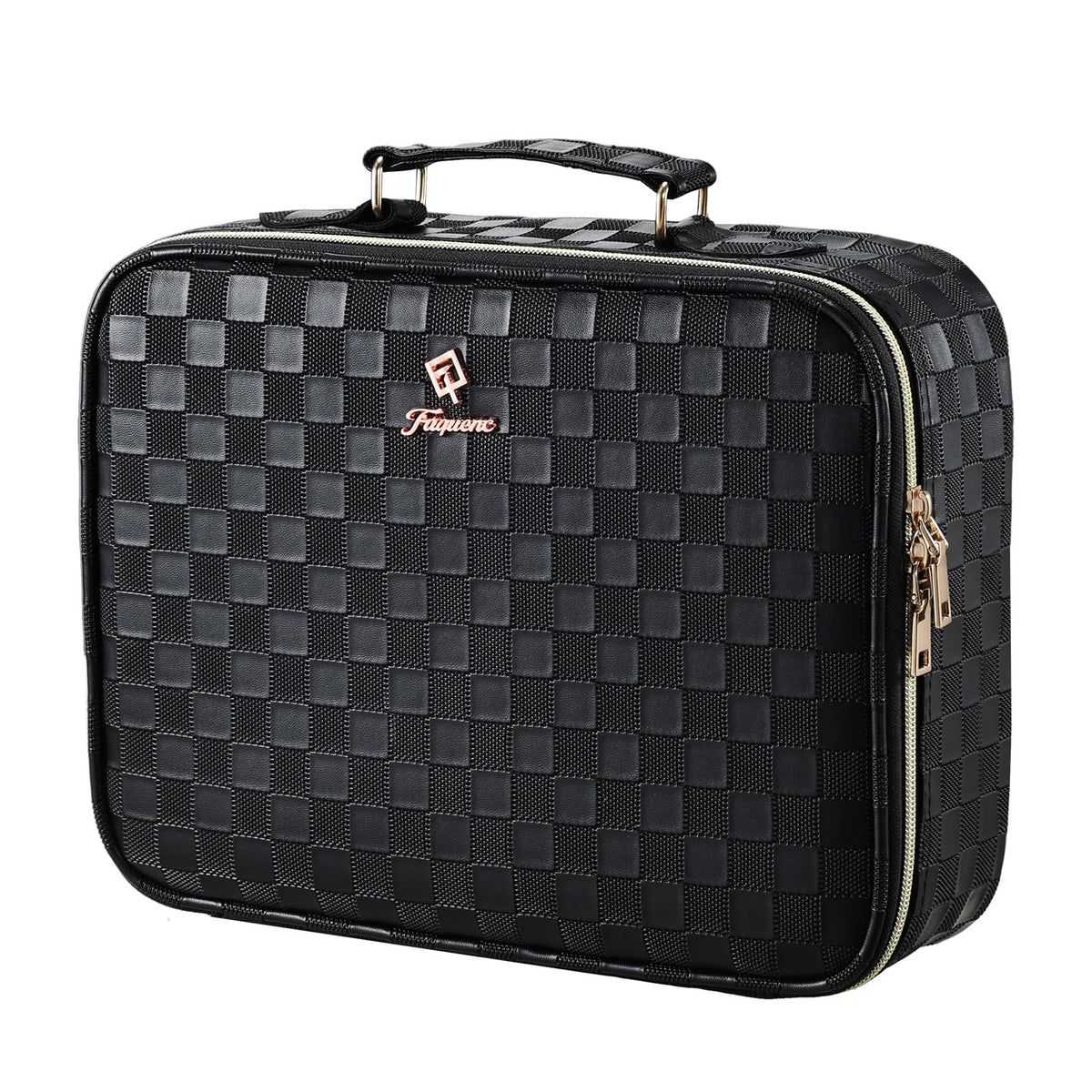 Makeup Bag with LED Lighted Mirror 12.2 IN Cosmetic Train Case Double Layer Makeup Case Adjustable Brightness in 3 Colors Cosmetic Organizer Artist Storage with Brush Holder Vanity Black Checkerboard