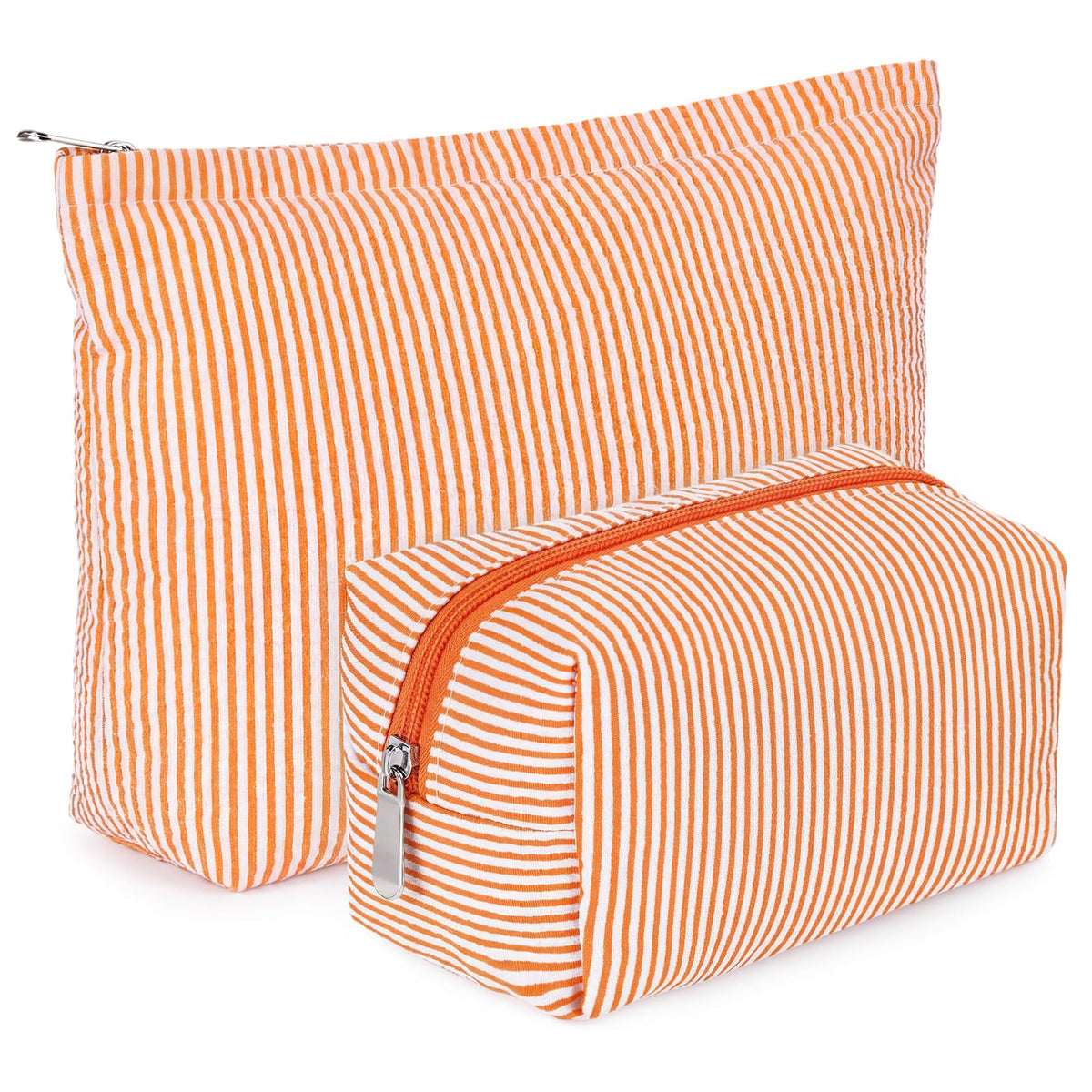 Huhumy 2 Pcs Makeup Bag Set for Women, Khaki, Thin Striped Seersucker