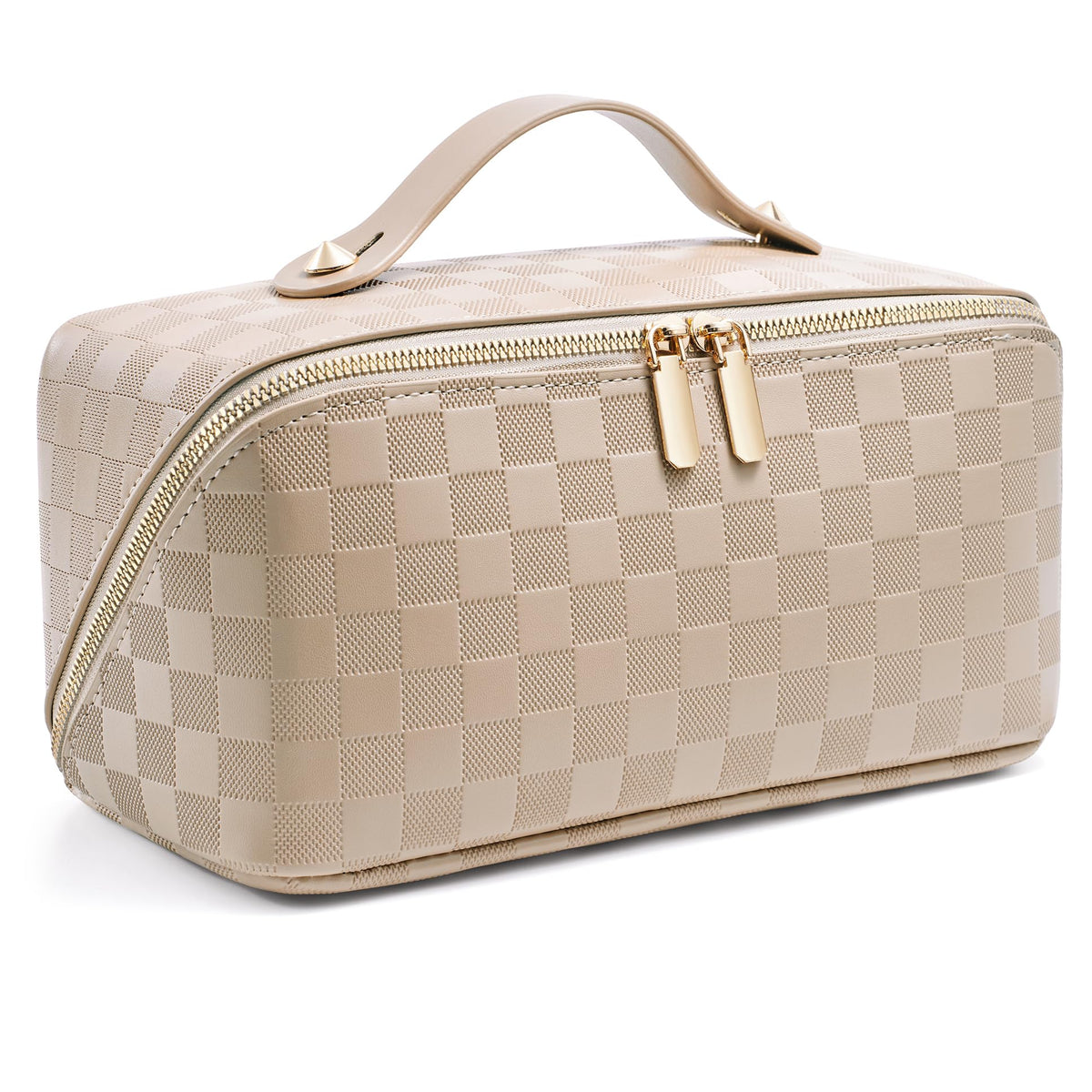 ALEXTINA Travel Makeup Bag, Large Capacity Cosmetic Bag for Women, Open Flat Make up Bag, Waterproof PU Leather Checkered Makeup Organizer Bag with Collapsible Handle,Toiletry Bag for Cosmetics, White