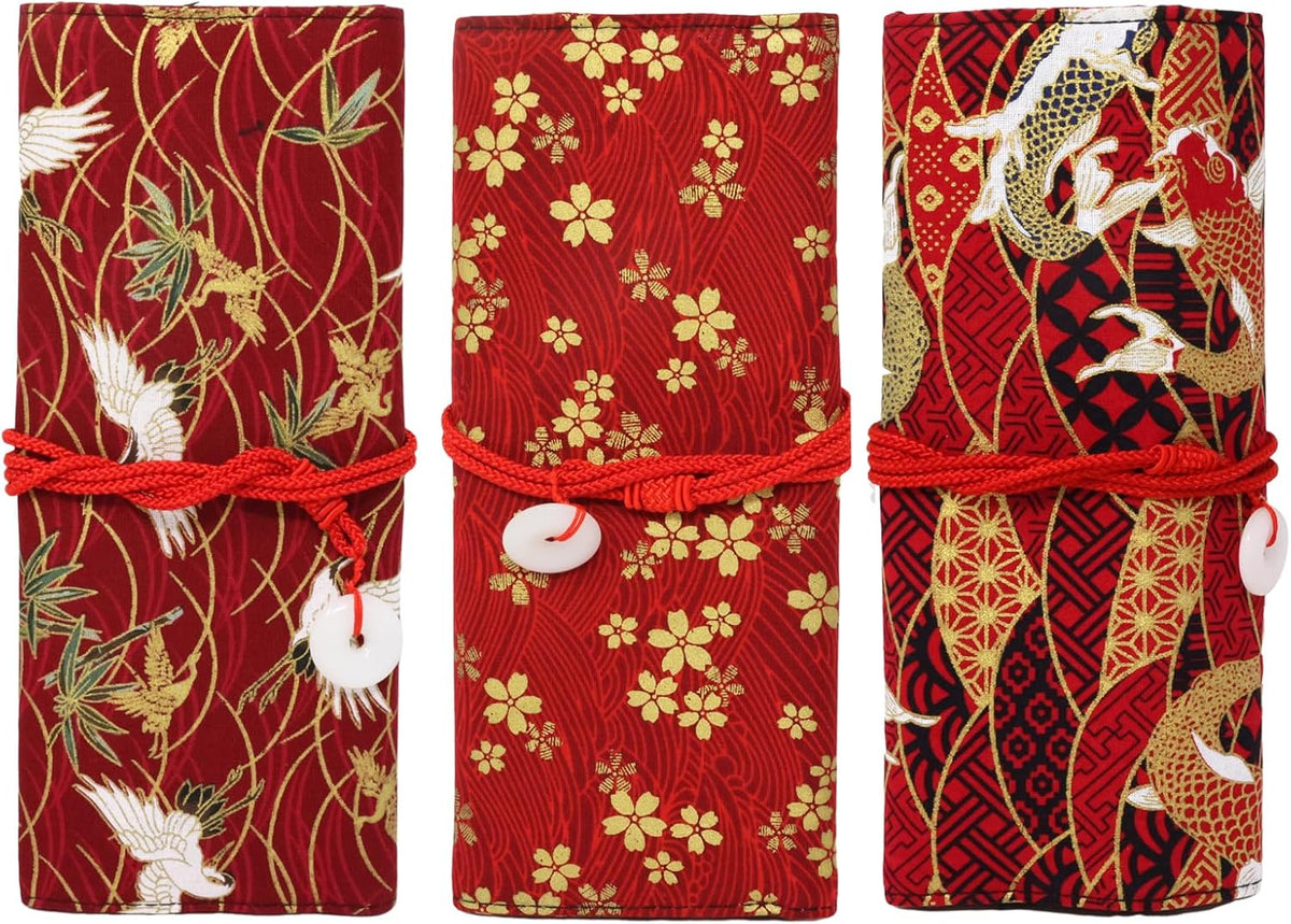Honbay Japanese Style Red Koi Makeup Brush Rolling Case Makeup Brush Bag Pouch Holder Travel Portable Cosmetics Brushes Organizer Bag with 13 Slots