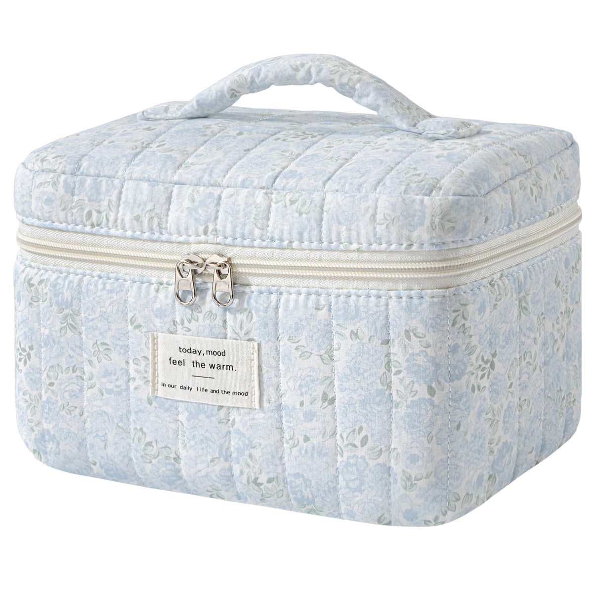 HBselect Large Quilted Makeup Bag for Women Cute Cotton Travel Cosmetic Bag | Floral Coquette Aesthetic Toiletry Organizer Bag with Handle, Portable Multifunctional Makeup Bag, Gifts for Bridesmaids
