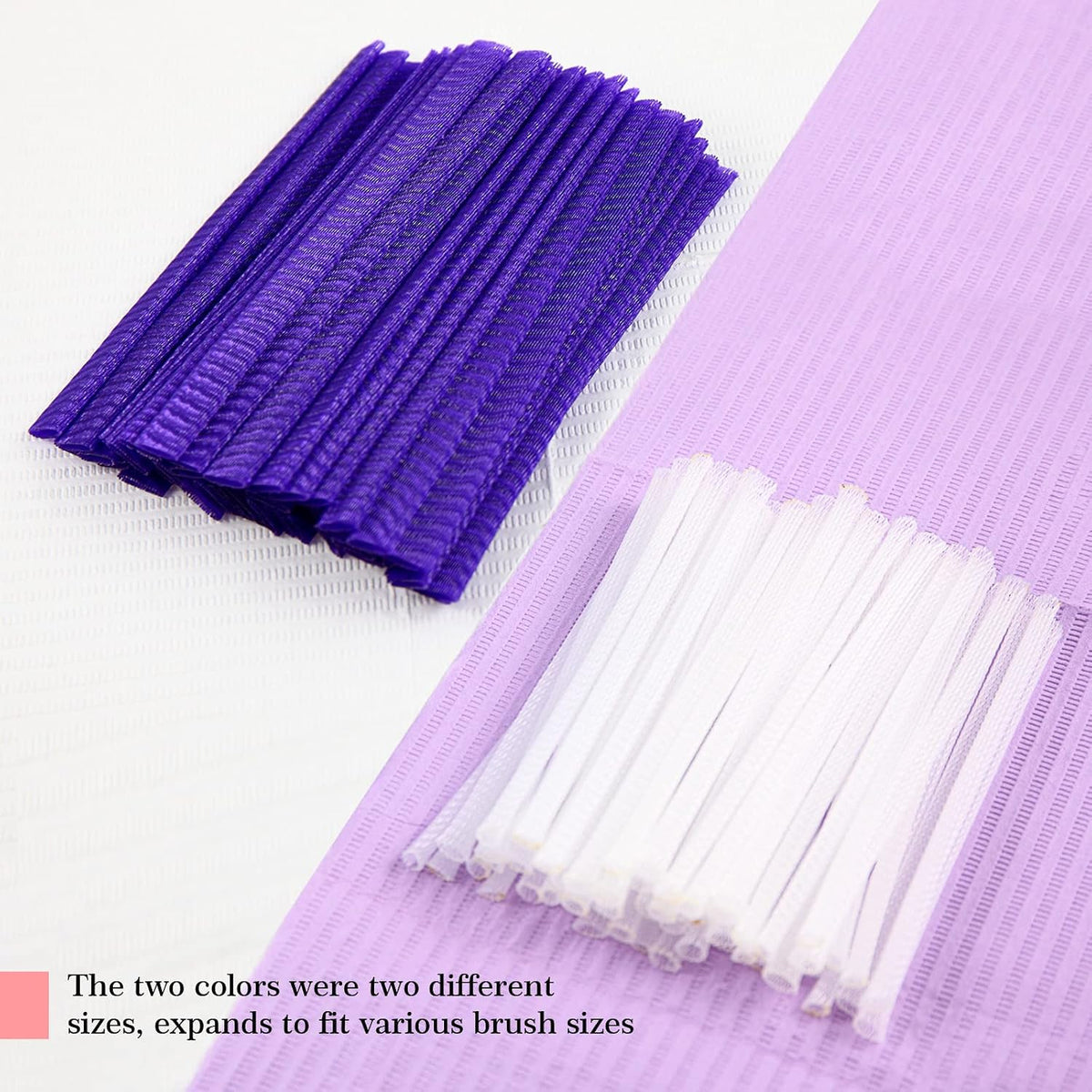 100pcs Makeup Brush Protector Cosmetic Makeup Brush Pen Guard Expandable Mesh Sleeve Covers Set Storage Small Medium Large Sizes Brushes for Travel (Purple and White)