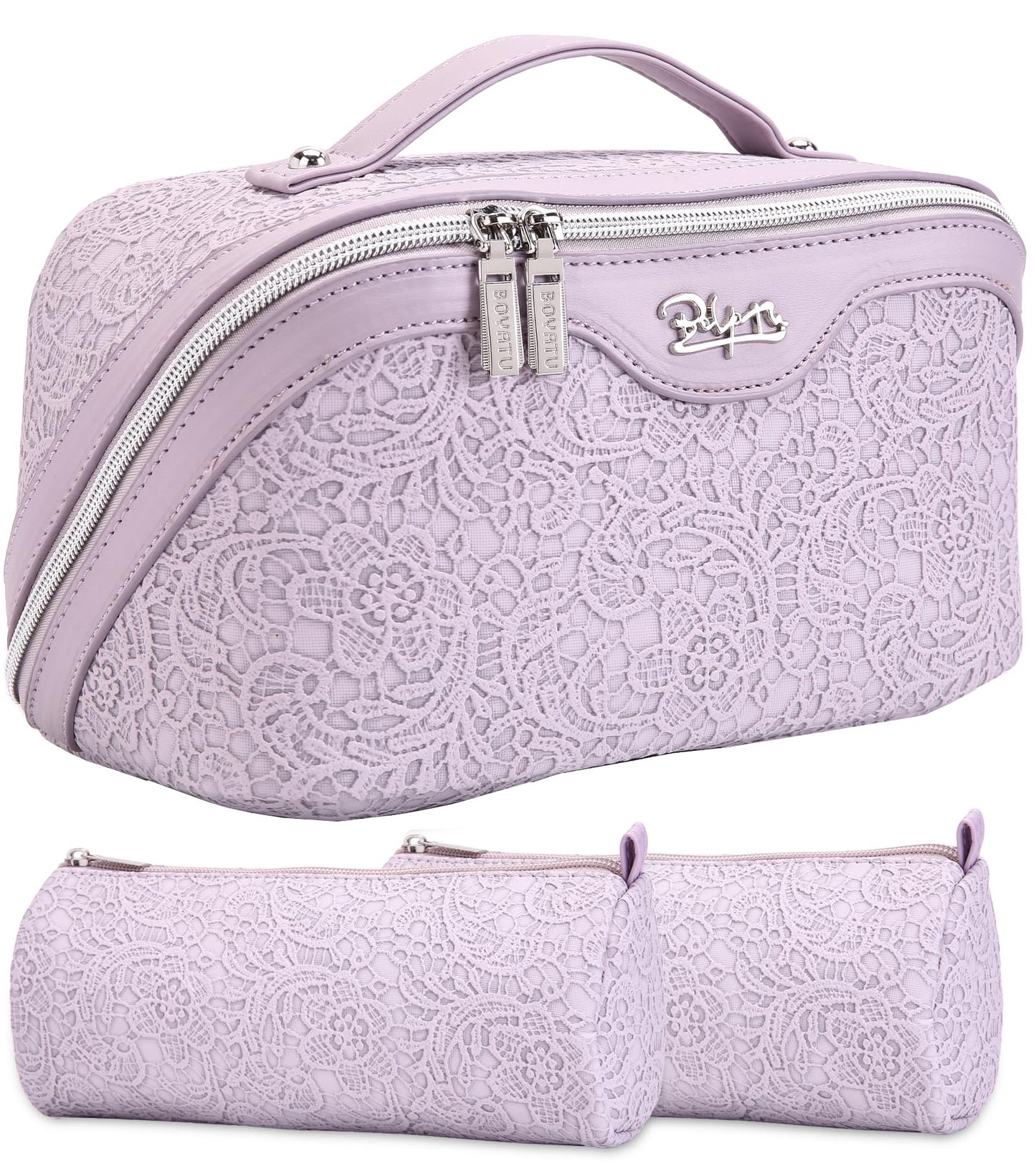 BOYATU Travel Makeup Bags Cosmetic Organizer Bag: Floral Make up Bag | 3 Pcs Set Large Capacity Makeup Bag with Compartments - Waterproof Leather Toiletry Bags with Handle for Women (Blue)