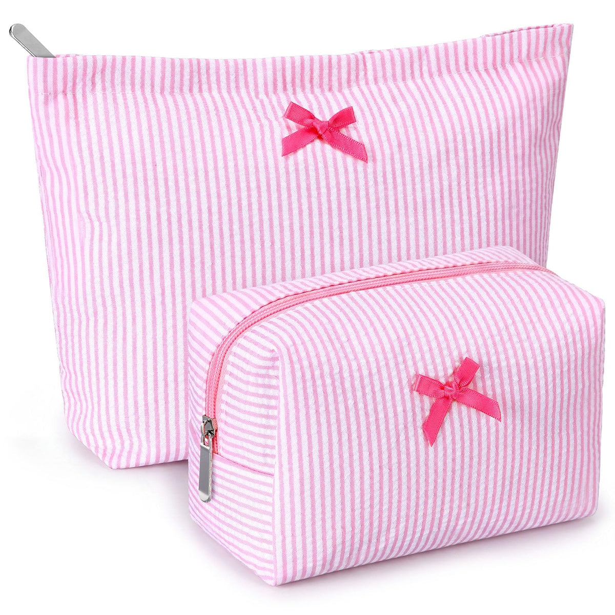 Huhumy 2 Pcs Makeup Bag Set for Women, Khaki, Thin Striped Seersucker