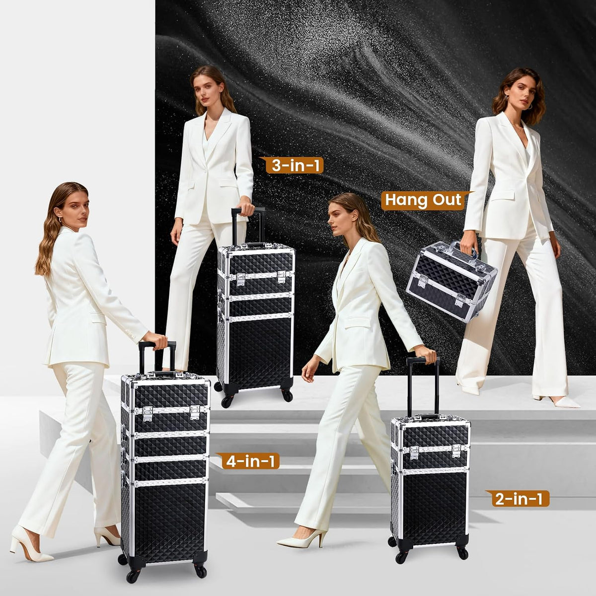 Stagiant Rolling Makeup Case Cosmetology Case on Wheels 4 in 1 Large Cosmetic Organizer Train Case Makeup Travel Case with Key Swivel Wheels Nail Artist Salon Storage Traveling Cart Trunk Black