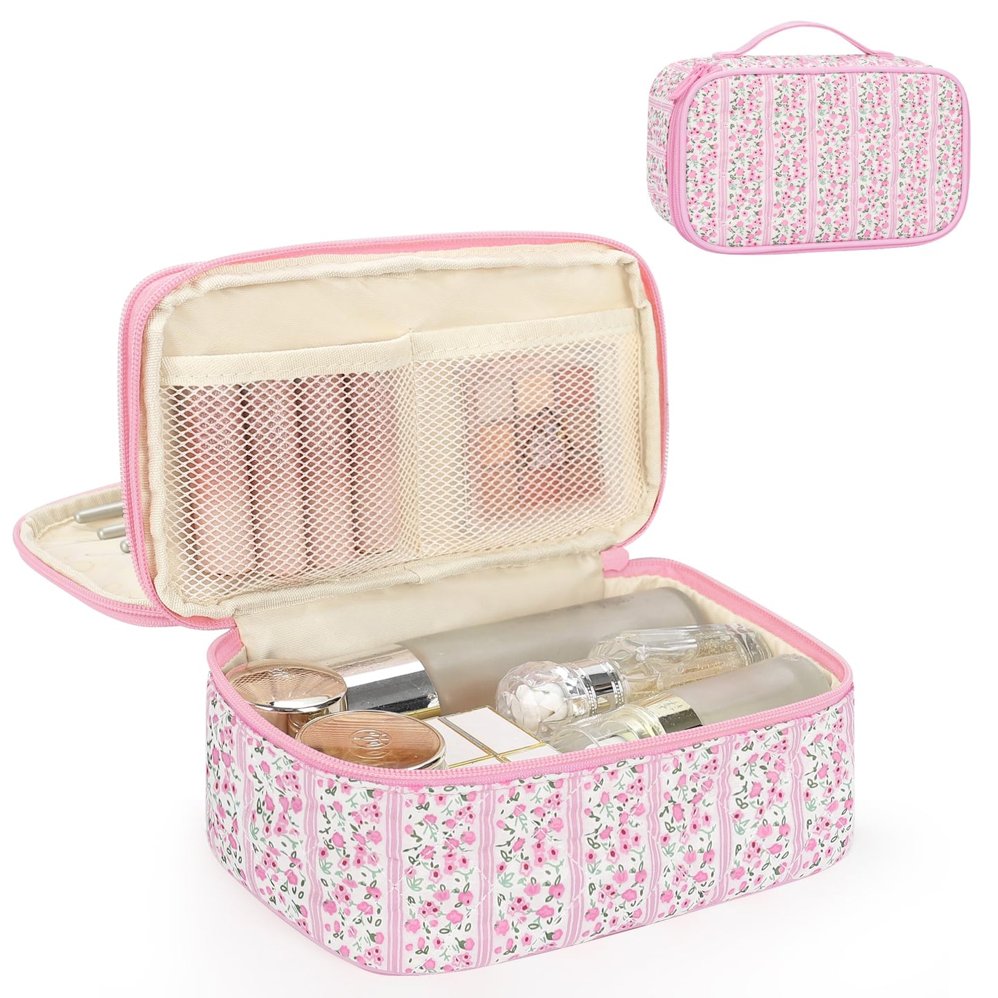 Relavel Travel Makeup Bag, Small Floral Cosmetic Bag with Makeup Brush Compartment, Portable Makeup Pouch for Women, Double Layer Makeup Organizer Bag Cute Toiletry Bag