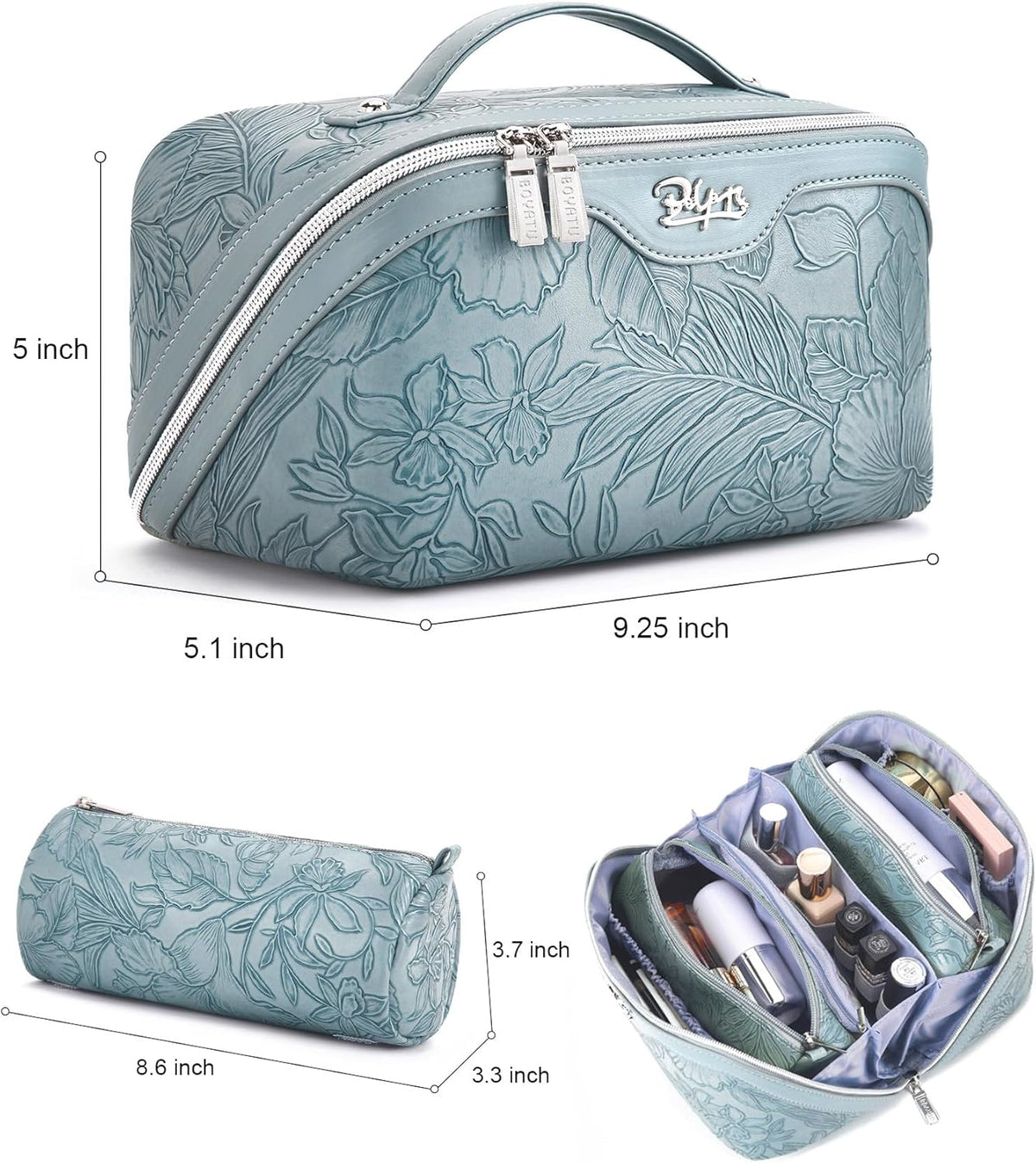 BOYATU Travel Makeup Bags Cosmetic Organizer Bag: Floral Make up Bag | 3 Pcs Set Large Capacity Makeup Bag with Compartments - Waterproof Leather Toiletry Bags with Handle for Women (Blue)