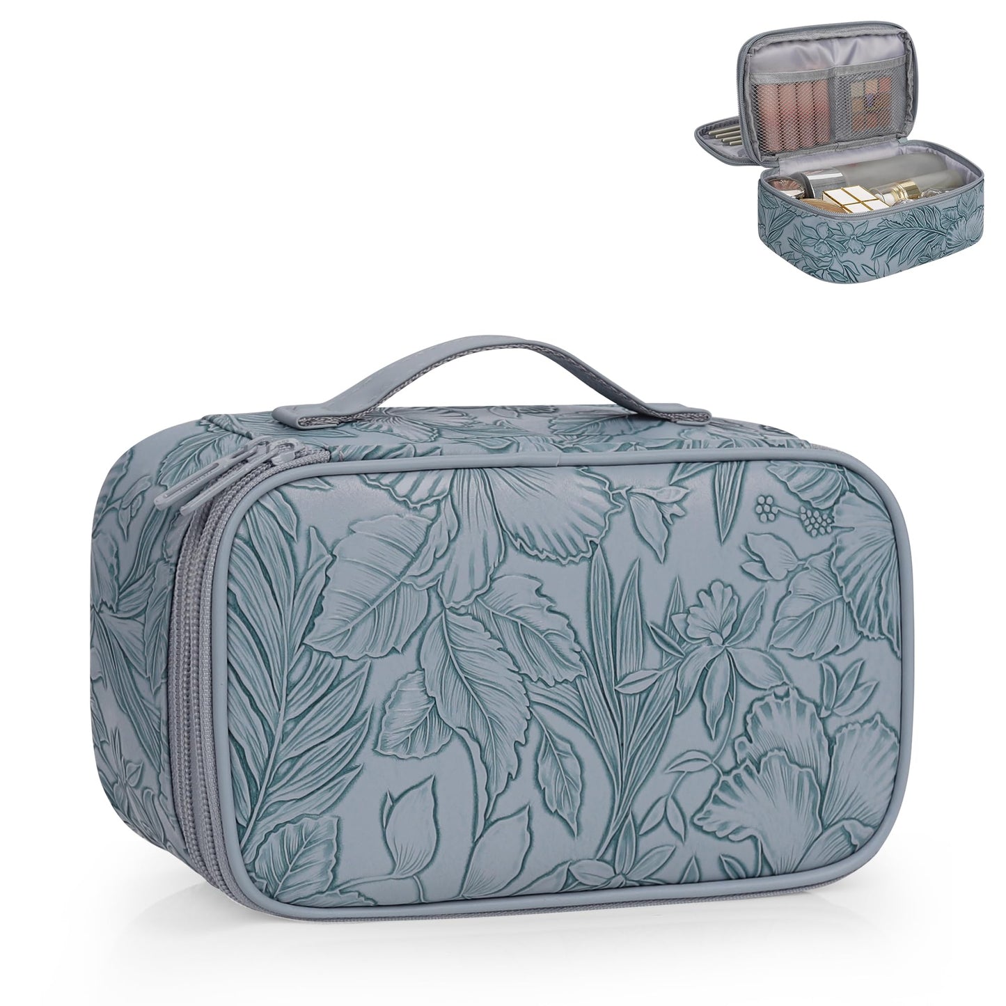 Relavel Travel Makeup Bag, Small Floral Cosmetic Bag with Makeup Brush Compartment, Portable Makeup Pouch for Women, Double Layer Makeup Organizer Bag Cute Toiletry Bag